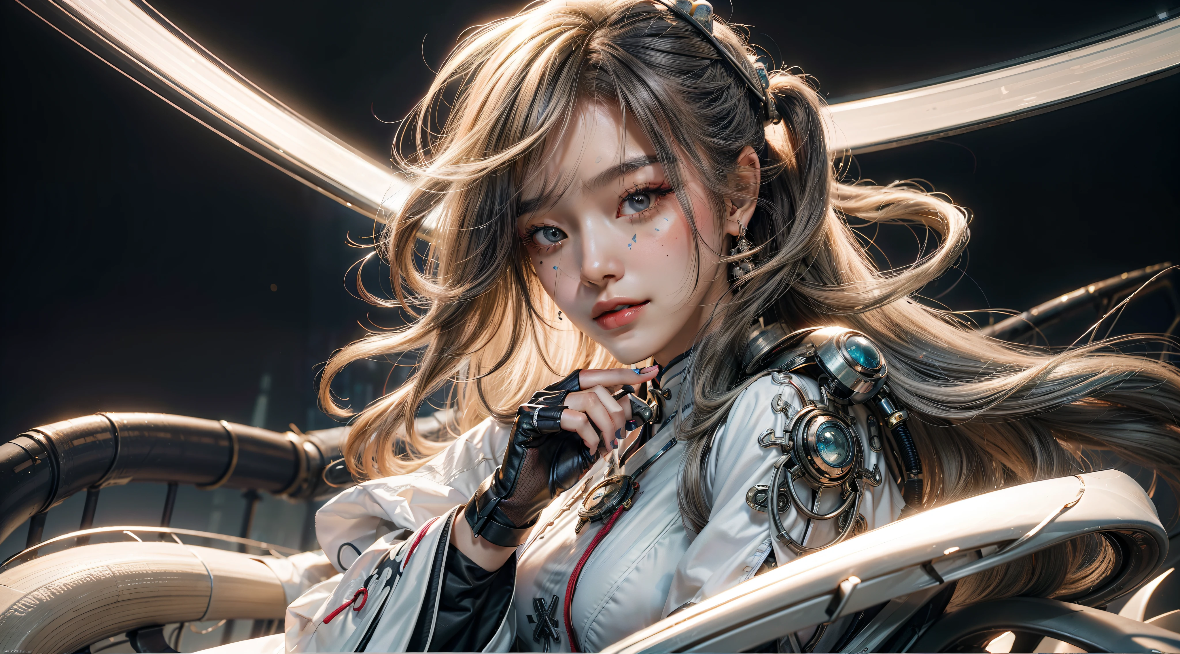 ，Wide shot, From above, up-close, Ultra-wide angle, Wide-angle, Sony FE GM，one-girl，Crazy pose，Crazy tension，Cinematic light,Gorgeous background，Colorful background，grin，（（cyber punk style，machine arm，Hologram aura，Surreal Science Fiction Art，Future Science Fiction Aesthetics）），（1 girl solo）， （full body shot shot）， （Determined eyes），（Ancient Chinese clothes，White cheongsam，Embroidered collar Uesugi，White large-sleeved shirt，Streamers），（Hairpins，cabelos preto e longos， arma），（Hanfu），(Clear facial features，detailed skin textures，beauitful face）， 耳Nipple Ring，Yellow skin，（tmasterpiece，top Quority，best qualtiy），（（（flatcolors））），