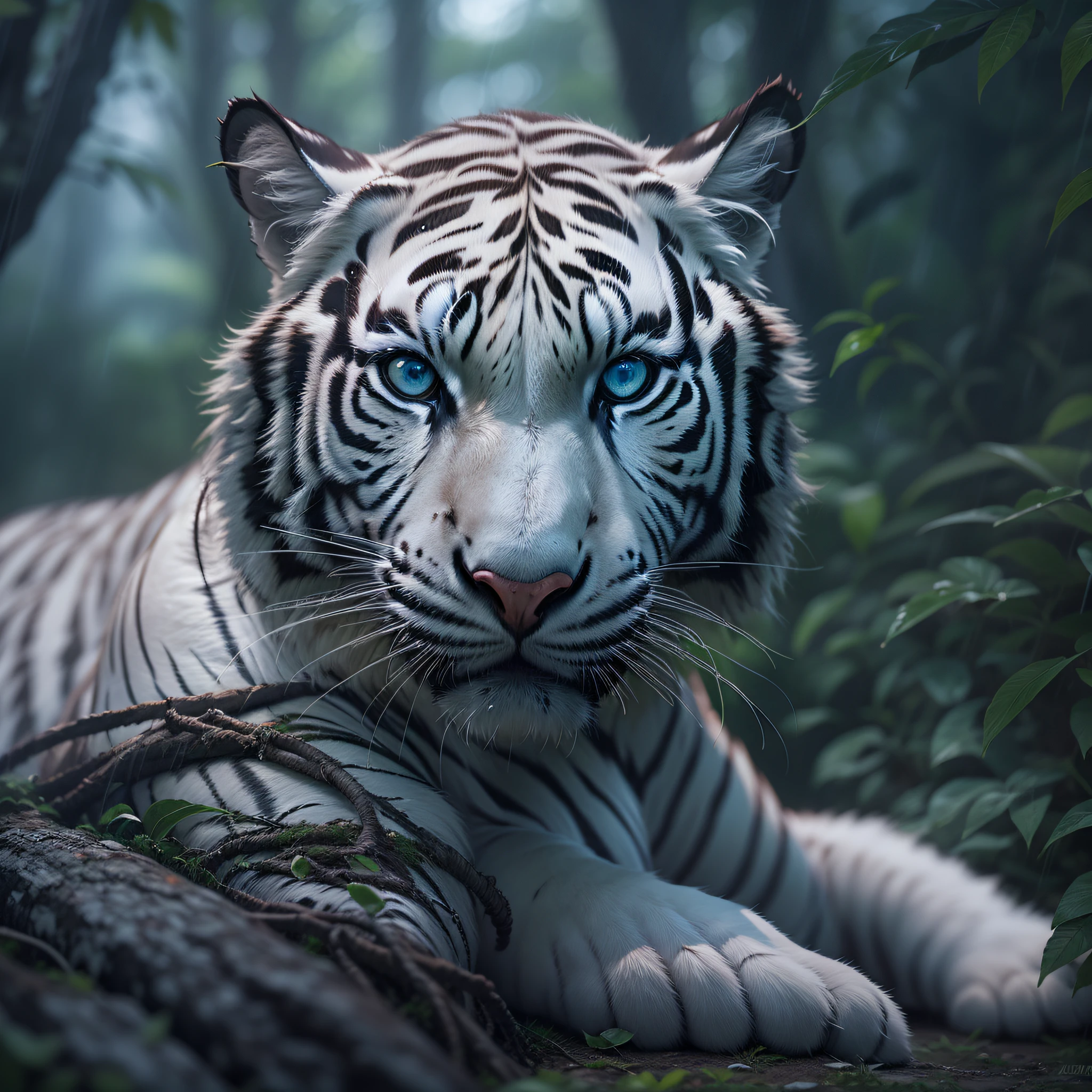 white tiger, black stripes, blue eyes, lush forest, 8k, raining, ultra realistic, sharp detail, f/1.4, depth of field, dramatic, ferocious