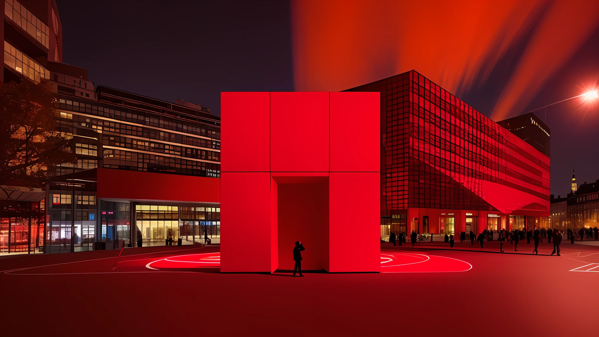 The Araffed red box on the city square，A man walked by, red building, cube portals, Lit. 'the cube', cubes, artist unknown, architectural photography, dominating red color, giant red led screens, wide angle exterior 2022, arhitectural shot, 6k, 4 ), red - yellow - blue building, high quality architectural art