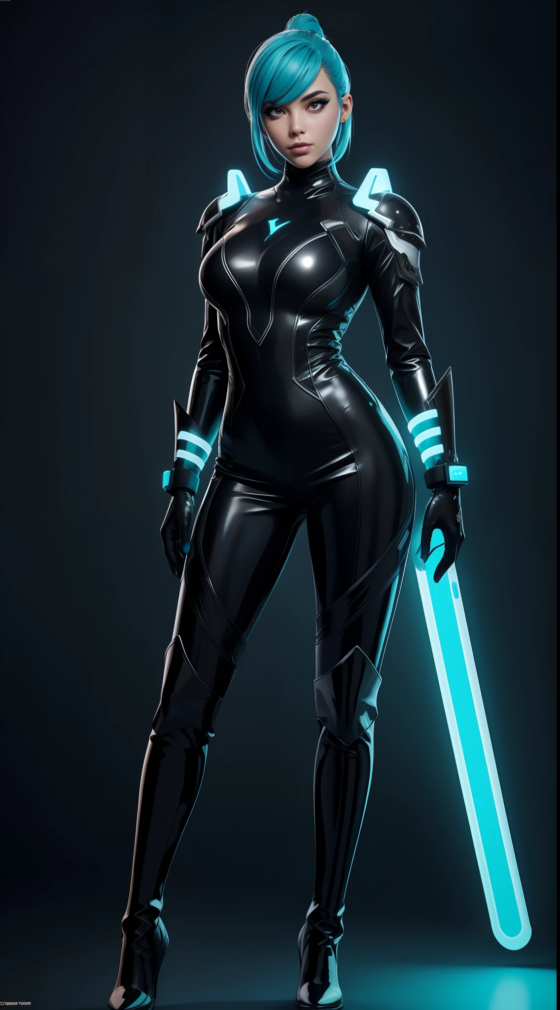 solo, super fine photo, upper half body photo portrait Unreal Engine 5 8K UHD, black and white color scheme futuristic tight and thick latex armor suit, slim body, futuristic design, latex long glove, latex thigh boots, energetic fabric short dress, cyan neon light details, beautiful make up, best quality, masterpiece, unified 8k wallpaper, super detailed, sharp focus, sexy pose,