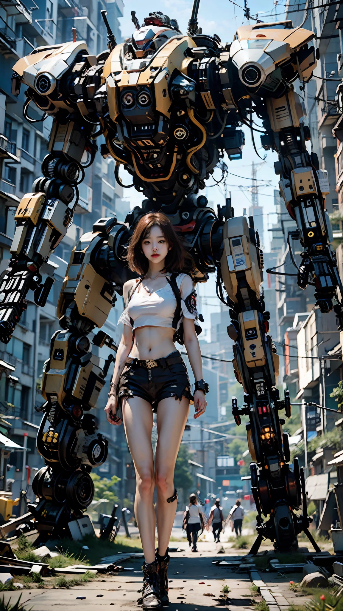 ((masterpiece, best quality)),illustration,ultra detailed 8k,photorealistic,sharp focus,highly detailed,professional lighting,colorful details,iridescent colors BREAK extreme long shot of a factory,large mechanical robot construction,microchip,computer,glowing,intricate details,shitu-mecha,1girl is standing in front of the audience,Navel