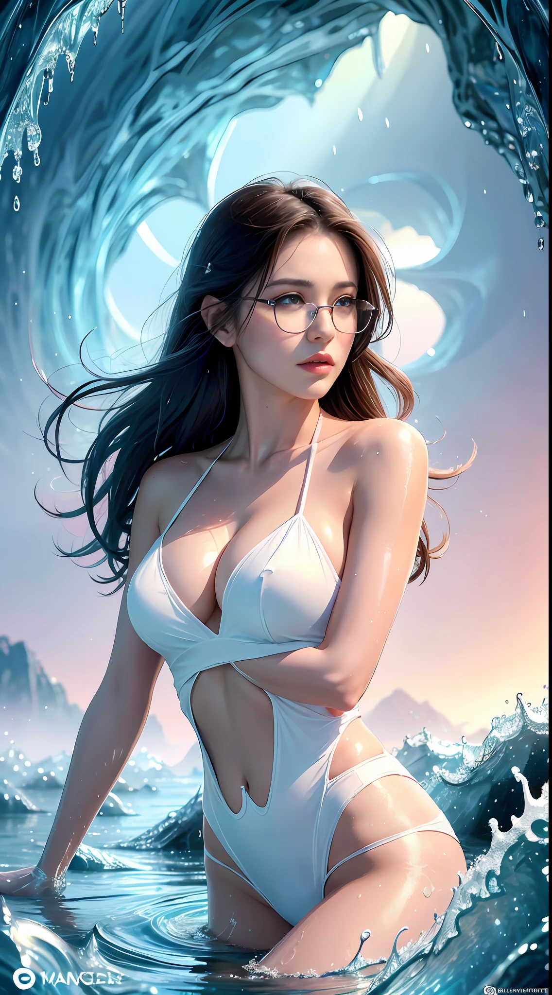 Realistic full-body portrait of a young woman, 20 years old. perfect body, realistic perfect body composition, wet body in rain, waterfall scene. realistic beautiful blue eyes, cool face, fair skin, good looking, tattoo art, y sexiquid acrylic outfit, glasses, warm dreamy light, volumetric light, adventure style pulp, dynamic gradients, vivid colors, illustration, highly detailed vector curves, simple, smooth and clean, vector art, smooth, vibrant colors, artwork, character design kiss, wet gouache. High image quality, meticulous detail, perfect realistic work