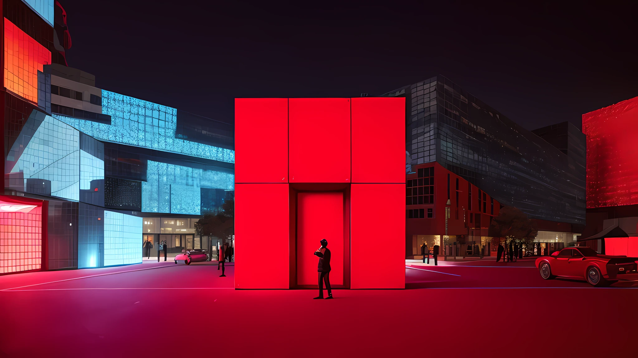 Araved image of a man standing in front of a red building, red realistic 3 d render, cube portals, 3 d render beeple, Lit. 'the cube', beeple global illumination, red building, artgem and beeple masterpiece, arstation and beeple highly, voluminetric lighting. Red