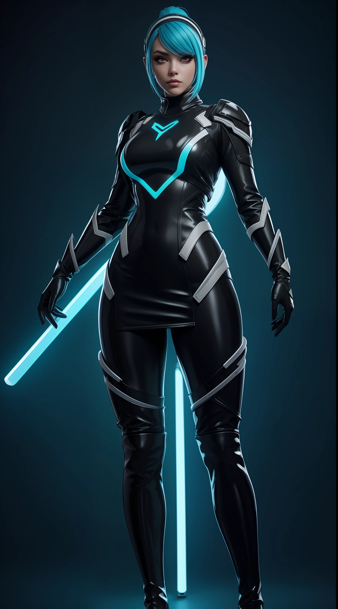 solo, super fine photo, upper half body photo portrait Unreal Engine 5 8K UHD, black and white color scheme futuristic tight and thick latex armor suit, slim body, futuristic design, latex long glove, latex thigh boots, energetic fabric short dress, cyan neon light details, beautiful make up, best quality, masterpiece, unified 8k wallpaper, super detailed, sharp focus, dynamic pose,