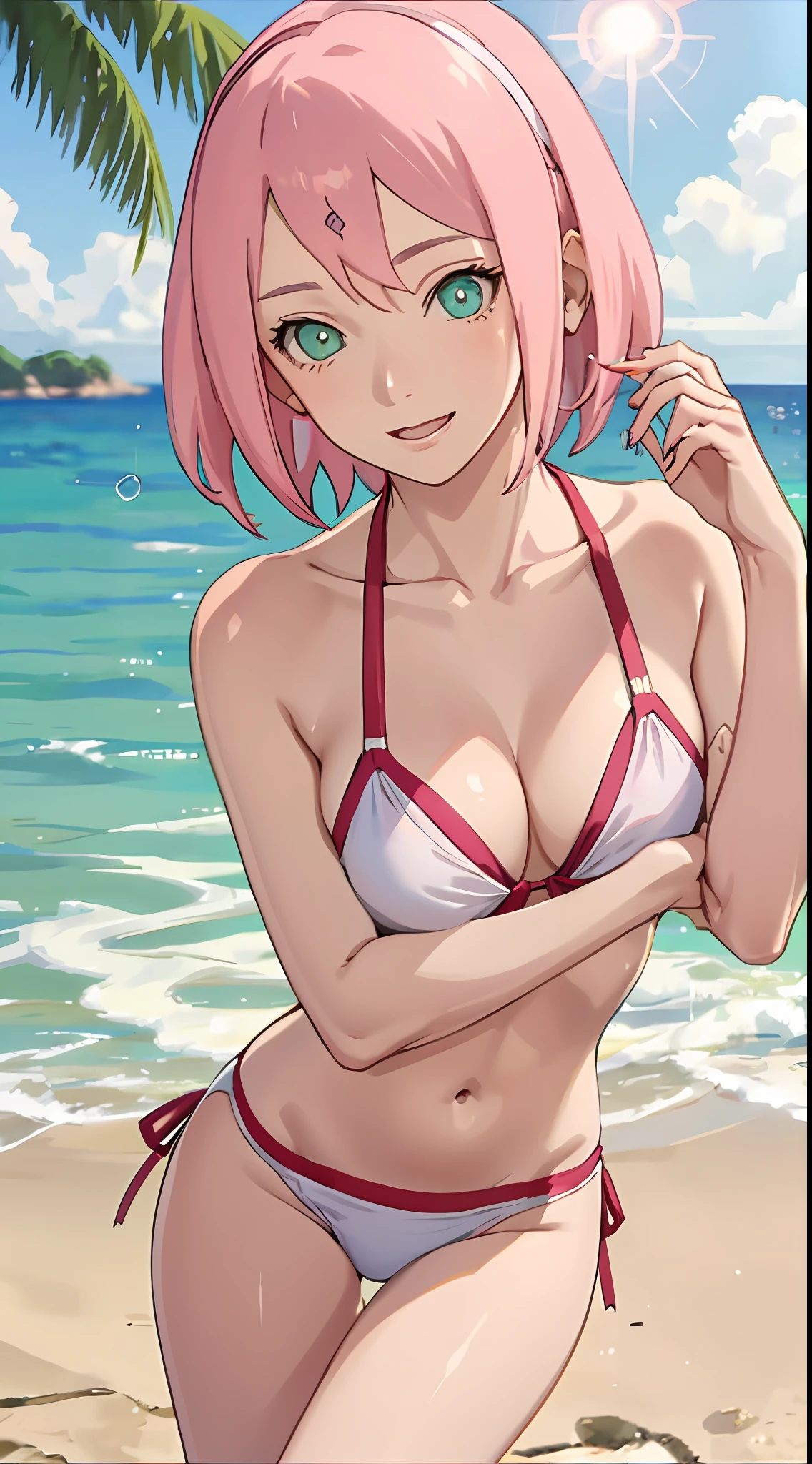 Haruno sakura, short hair, medium breast, cleavage, navel, slim legs, pink hair, happy, white side tie bikini, bokeh, beach, sunny day, sparkling eyes