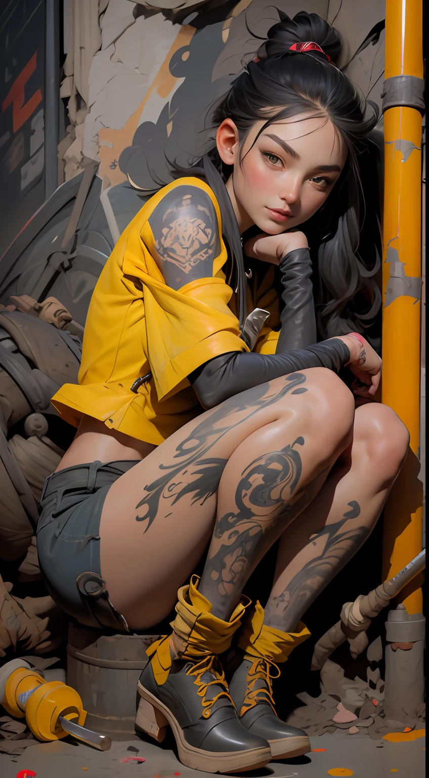 A beautiful and young girl with beautiful legs, siting on a oil barrel, very delicate face, tattoo on legs, with very dirty and torn clothes , around a scythe, with a beautiful dog, in an alley with a lot of mess around, beside a dirty yellow robot leaking oil.
