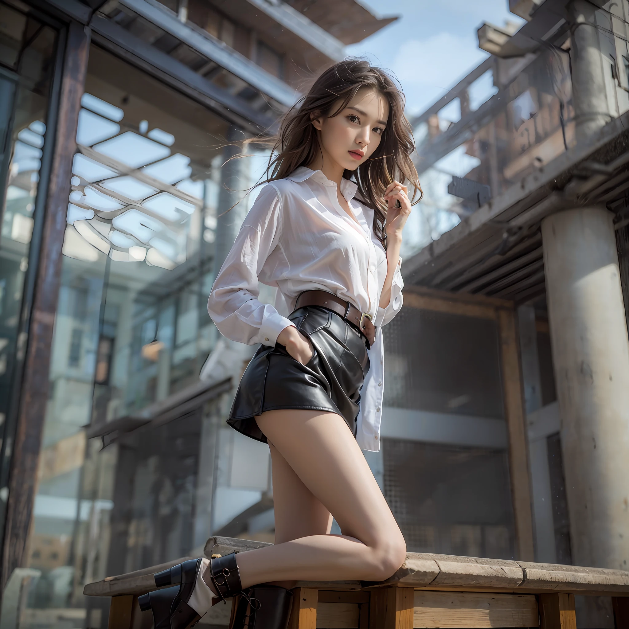 (masterpiece:1.3), (8K, Photorealsitic, Raw photography, top-quality: 1.4), (1girl in), A pretty woman with perfect figure:1.4, cute face, beautiful countenance, (Lifelike face), Beautiful hairstyle, realisticeyes, beautiful detail, (real looking skin), Beautiful skins, enticing, The ultra -The high-definition, A hyper-realistic, ighly detailed, (small tits:1.3), (cleavage of the breast:0.8)、White button-up shirt、a belt、Black leather tight skirt、Like Emily O'Hara Ratajkowski Japan, Semi-long curly hair、bangss、(Brown hair、small tits1.3)、(slim figure))、Kojiri、(small and beatiful model pose、is standing、long boots、(Modern architecture in background)、sitting on、Red underwear is visible
