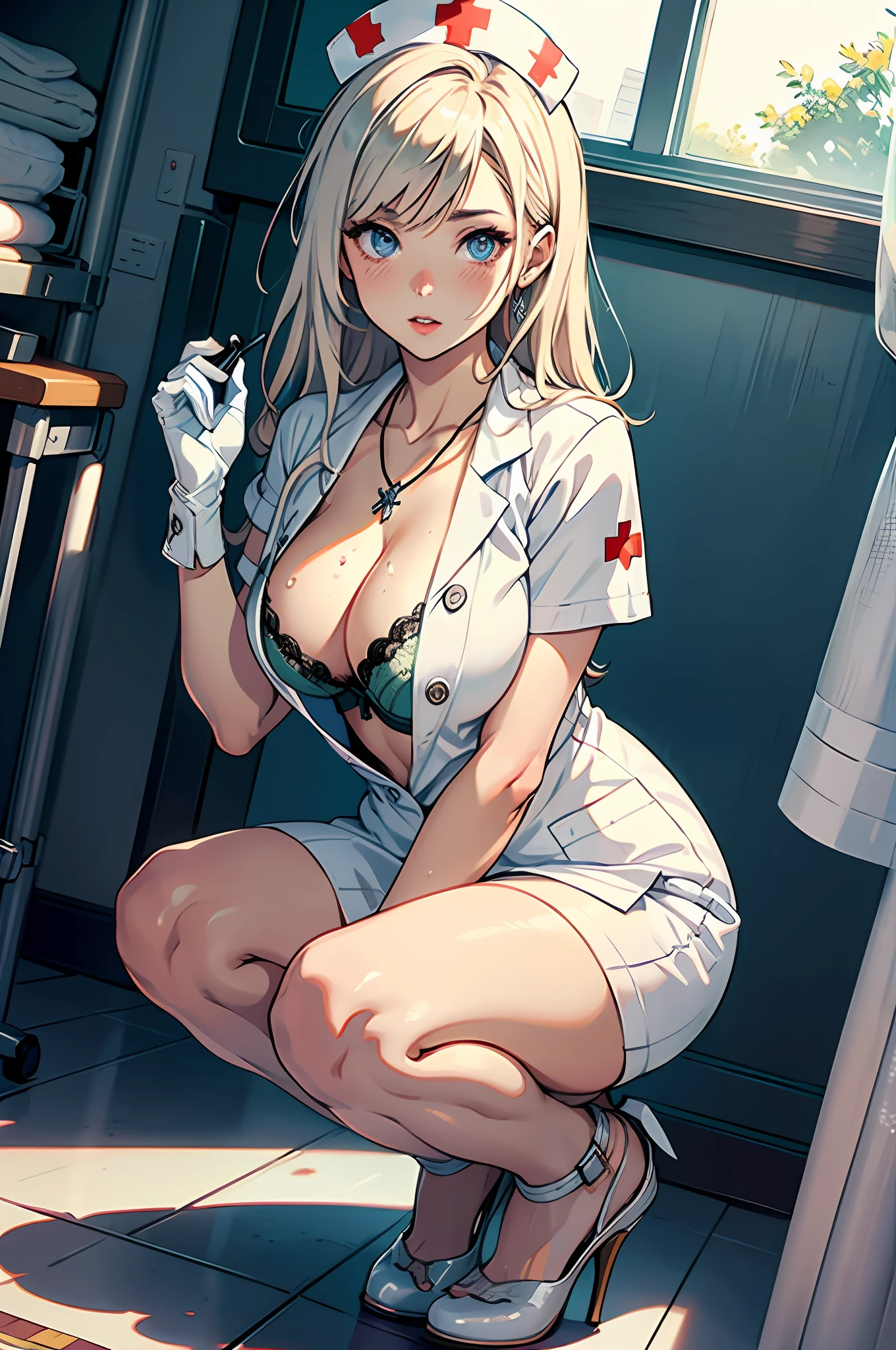 1girl in, (Solo:1.2), (Beautiful and detailed eyes description), (beautiful and detailed face), Perfect female body, neat figure, Slender waist, (Young Girl), (20 years old), Long hair, Platinum Blonde Hair, Two-side-up,Very big eyes, Blue eyes, Smaller , cleavage, blush, Shy, watery lips, Nurse, (nurse dress), Nurse Cap, (unbuttons),Stunning lace and moss green , (White Gloves:1.2), (White pantyhose), high-heels, a necklace, Hospital bed, White curtains, Sunlight, hand between legs, Straddle the camera, Squatting, (Best Quality), (ultra-detailliert), (masuter piece), (hight resolution), (Original), (the Extremely Detailed CG Unity 8K Wallpapers), Character Design, Game CG, Detailed Manga Illustration,(Remove the bra with both hands)