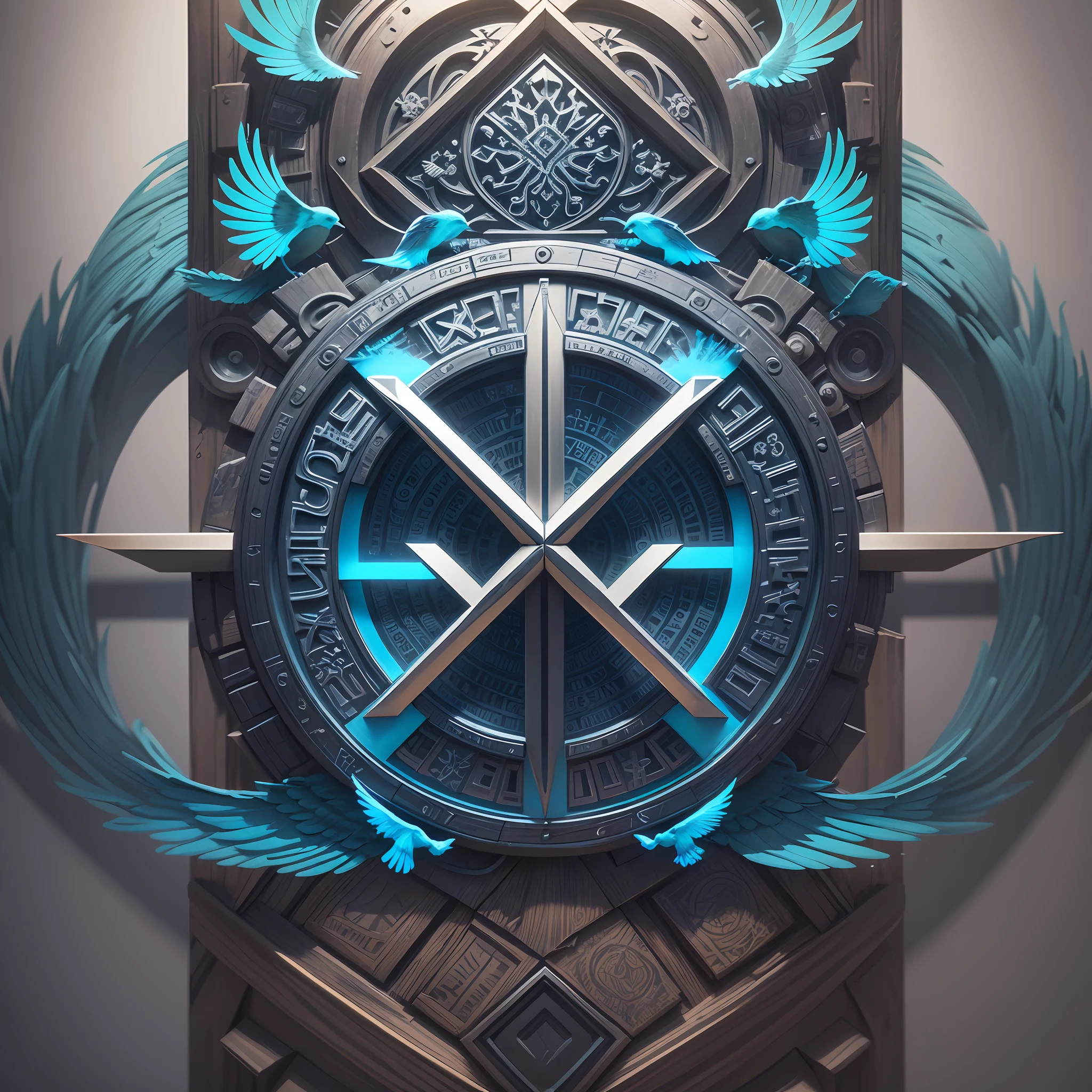 word "X" carved in, blue Bird tribal hd Logo, edge glow, edge light, tribal shapes and patterns, in the detailed style, ultra-realistic, extreme details, poster effect, Dark Background, Depth ultra - fine film effect poster, 3ds max, Corona Render, V-Ray, hyperrealism, --auto --s2