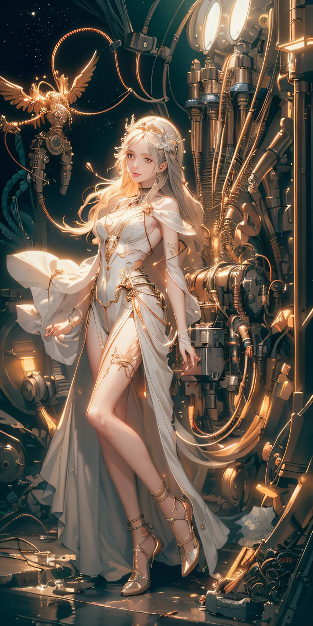 (((masterpiece))), (((best quality))), ((ultra-detailed)), (highly detailed CG illustration), ((an extremely delicate and beautiful)),cinematic light, lens flare,
((1mechanical girl)),(((Full body))),(machine made joints:1.2),machanical limbs,(blood vessels connected to tubes),(mechanical vertebra attaching to back),((mechanical cervial attaching to neck)),expressionless,(wires and cables attaching to neck:1.2),(wires and cables on head:1.2), (character focus), science fiction, extreme detailed, darkrful, highest detailed, background
