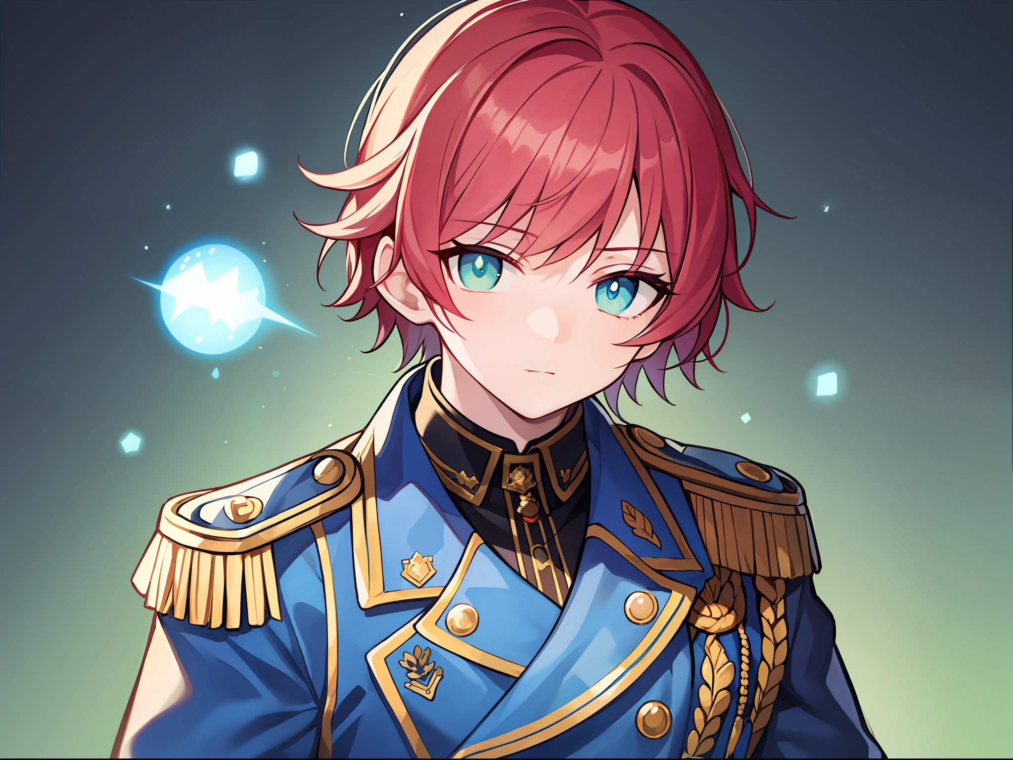 top-quality、dark backgrounds、Young idol youth with red hair wearing clothes with white military uniform motif、male people、Asymmetrical oblique hairstyle、Wearing a red crown、独奏、Surrounded by pale blue round light、Wistful gaze、Green eyes、dark backgrounds、Gaussian effect、Backgrounds with depth、Fantastical