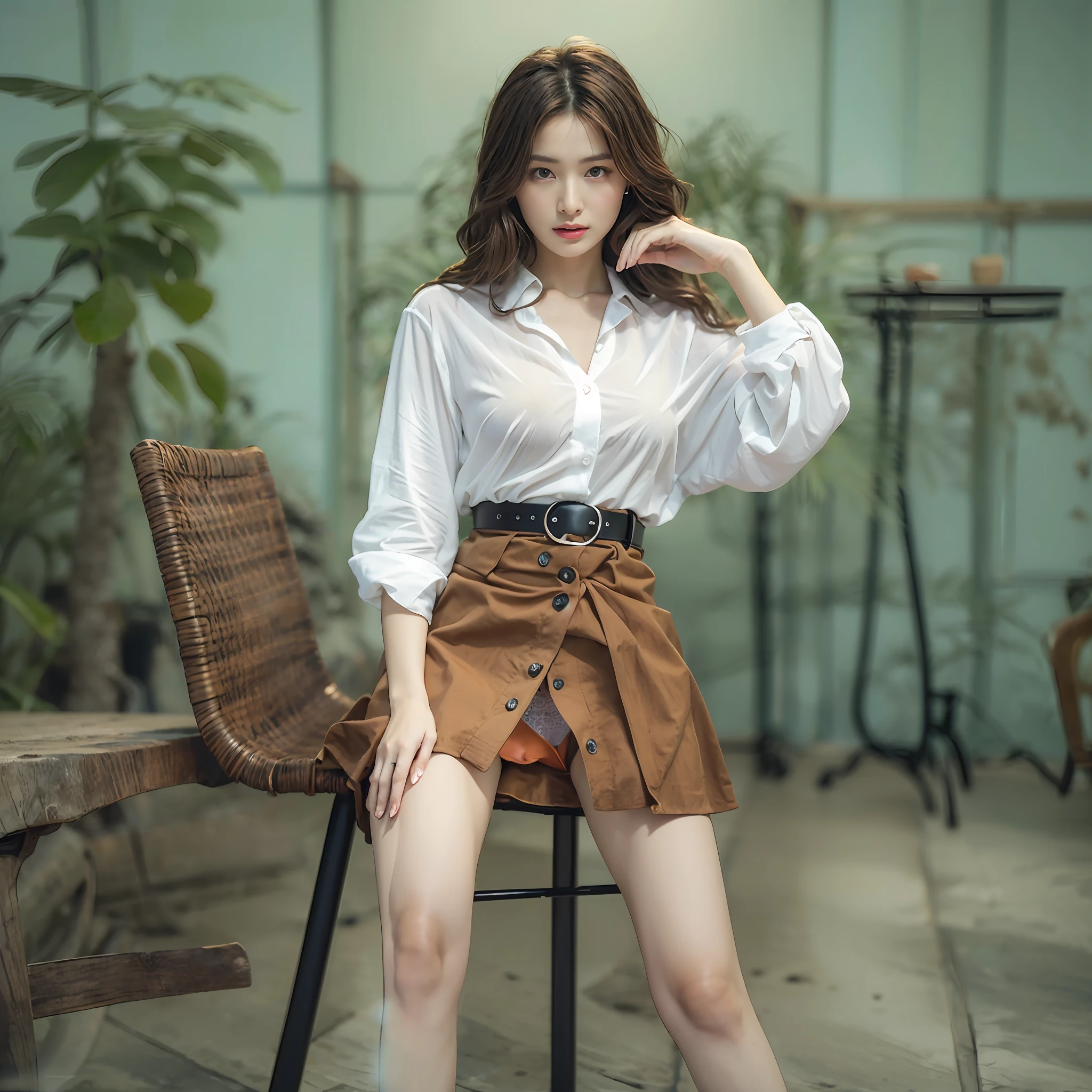 (masterpiece:1.3), (8K, Photorealsitic, Raw photography, top-quality: 1.4), (1girl in), A pretty woman with perfect figure:1.4, cute face, beautiful countenance, (Lifelike face), Beautiful hairstyle, realisticeyes, beautiful detail, (real looking skin), Beautiful skins, enticing, The ultra -The high-definition, A hyper-realistic, ighly detailed, (small tits:1.3), (cleavage of the breast:0.8)、White button-up shirt、a belt、Black leather tight skirt、Like Emily O'Hara Ratajkowski Japan, Semi-long curly hair、bangss、(Brown hair、small tits1.3)、(slim figure))、Kojiri、(small and beatiful model pose、sitting on、Red underwear is visible