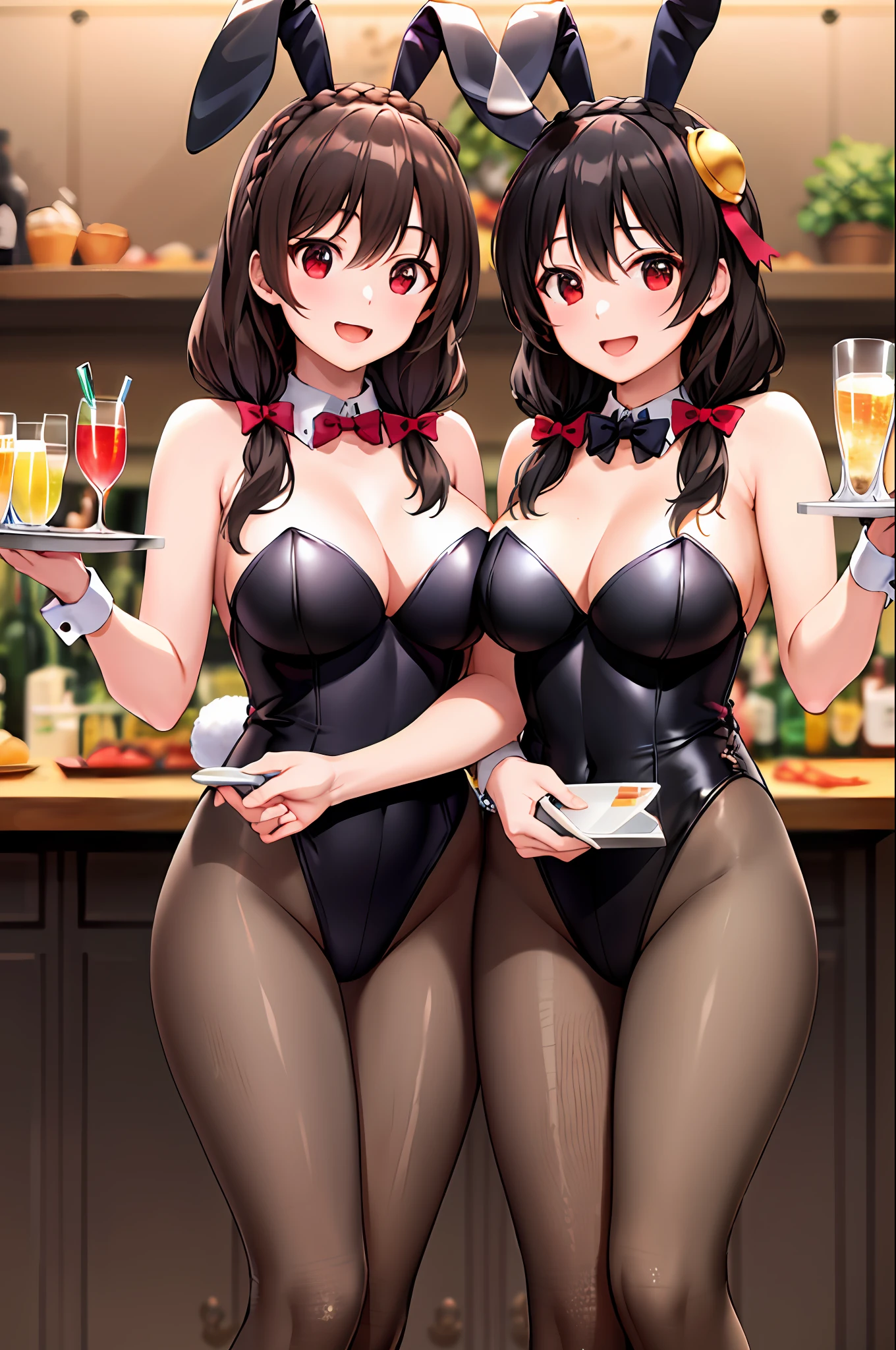 masterpiece,best quality, highres, yunyun1, 2girls, identical twins, clones, red eyes, duo, braid, long hair, large breasts, hair ornament, black hair, hair bow, crown braid, brown hair, twintails, playboy bunny, bars, holding tray, sleeveless, smile open mouth, identical playboy bunnys