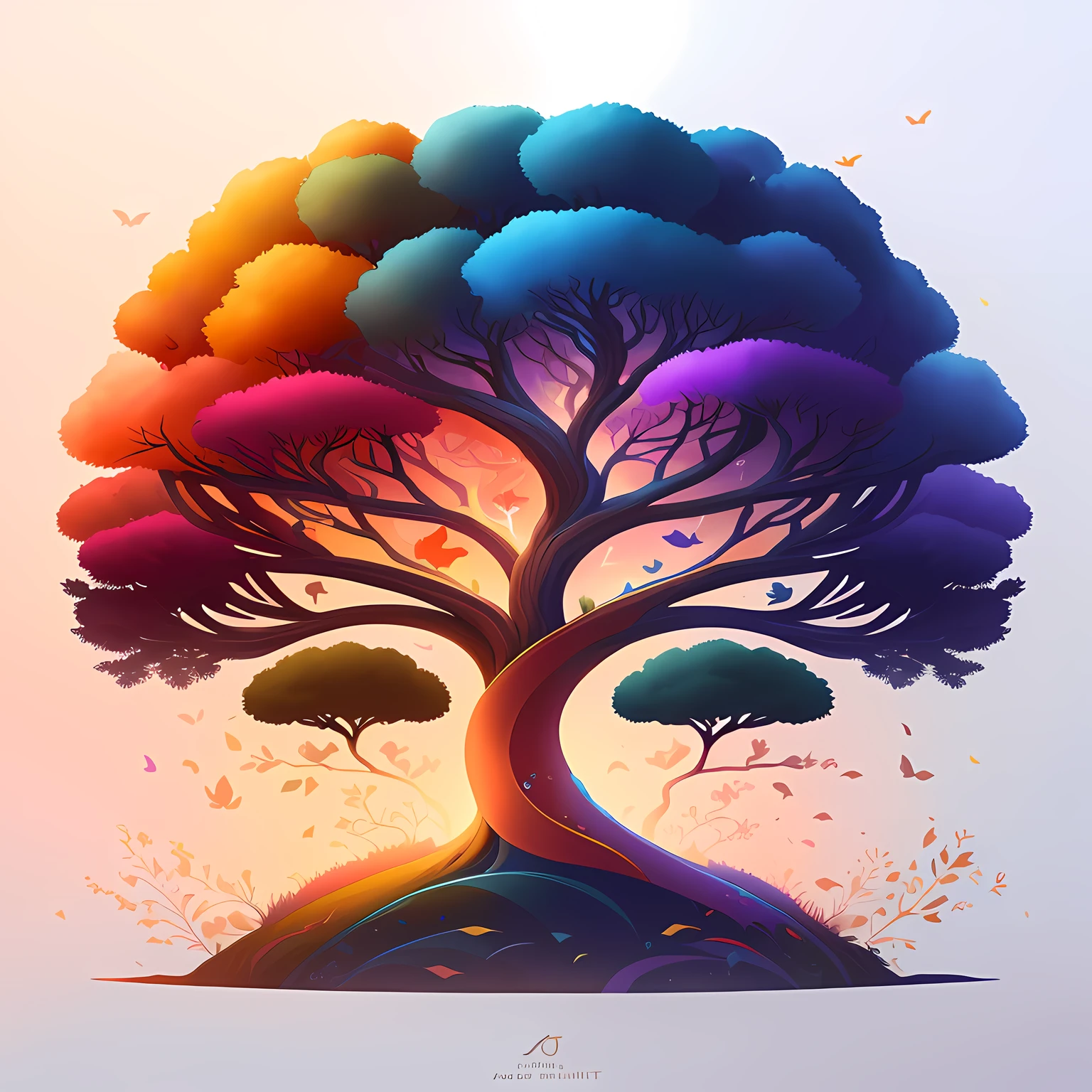 There is a tree with many colors in the middle of a hill, fantasy tree, Jen Bartel, magic tree, a beautiful artwork illustration, magic tree, Arte bonita UHD 4K, Procreate Illustration, full-colour illustration, colorful otherworldly trees, intricate rainbow environment, full-colour illustration, arte conceitual colorida, baixo detalhamento. pintura digital, stunning digital illustration
