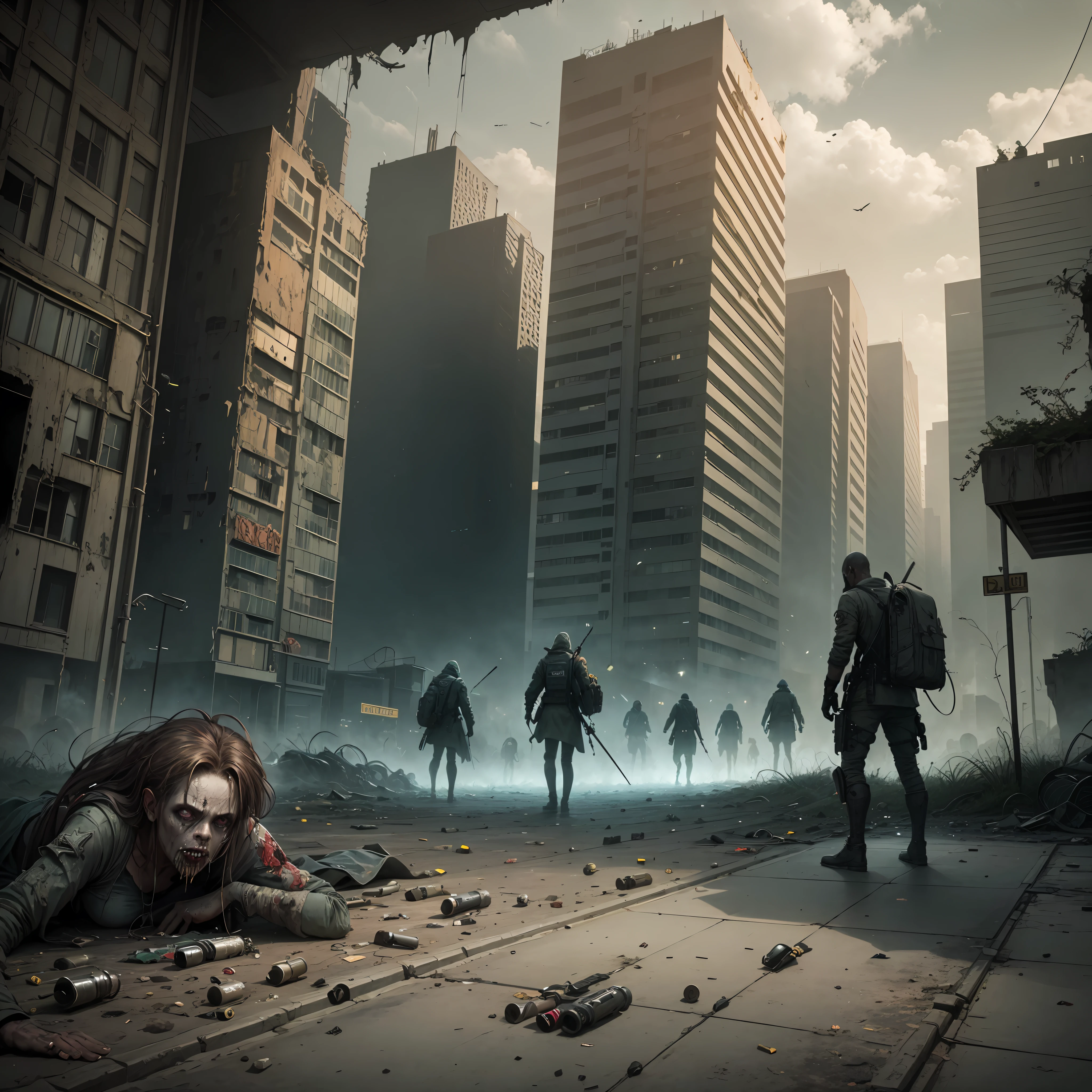Zumbis, decadence, apocalyptic style, horror, a lot of bullet casings on the floor, A group of zombies from behind, A city overrun by vegetation, oppression, disco Rigido, 4k, um monte de detalhes