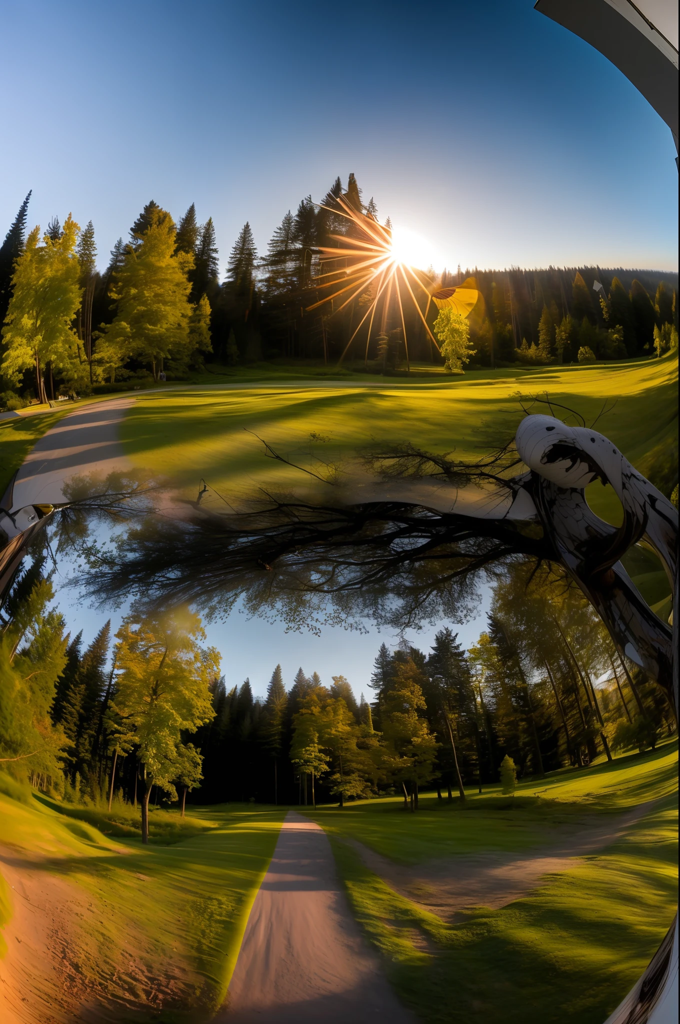 (dvArchModern, 85 mm, f1.8, portraite of a, photo-realistic, A hyper-realistic, orange, ultra-detailliert, intrikate, dramatic, Sunset lighting, eye shadow, wide dynamic range) absurdress, hight resolution, overdetalization, (Without the human factor: 1.3), BREAK , Create an image using the prism effect, with the refraction of light and the creation of colorful, kaleidoscopic appearance. BREAK , Create an image with a fisheye lens effect, capturing a wide field of view with a characteristic curved perspective. BREAK , Take a picture of a forest trail with tall trees, colorful sunlight and a sense of tranquility and natural beauty. BREAK , Illustrate a monochromatic world, using only shades of black, white and gray, To convey depth, Emotions and striking visual impact.