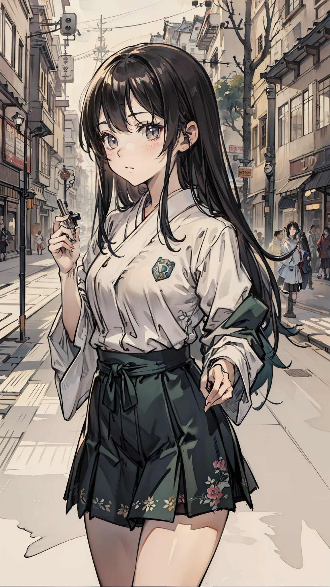 Beautiful、ultra-detailliert、kawaii girl、A Japanese style、watercolor paiting、a miniskirt、Staring at me、An exotic city、