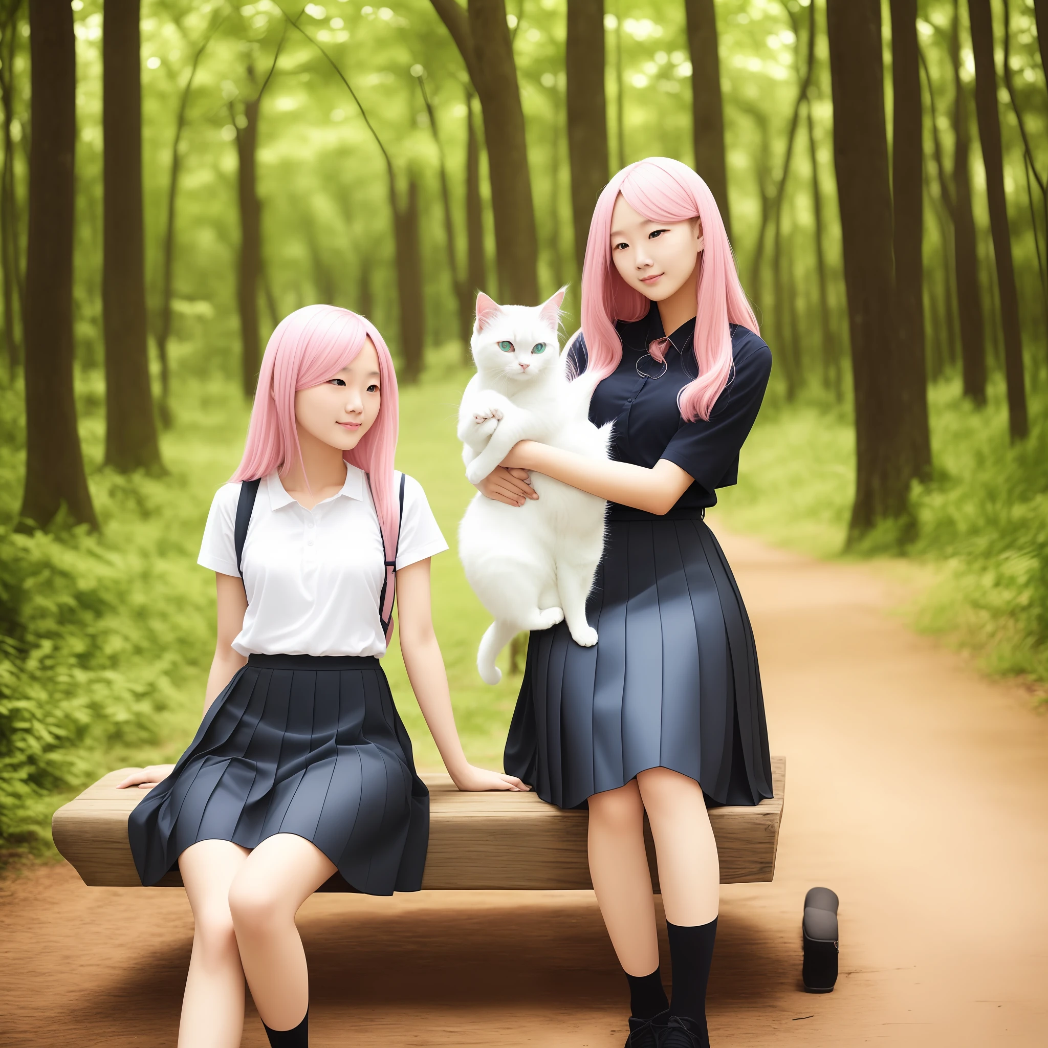 A woman sits on a bench in a forest park,The woman was a young man, Beautiful cute cat girl,Has long flowing pink hair,blue color eyes,Holding a white kitten in his arms,The woman wears a black pleated skirt,White calf stockings,black cloaths,White canvas shoes,carrying white backpack ,8K分辨率,solo person