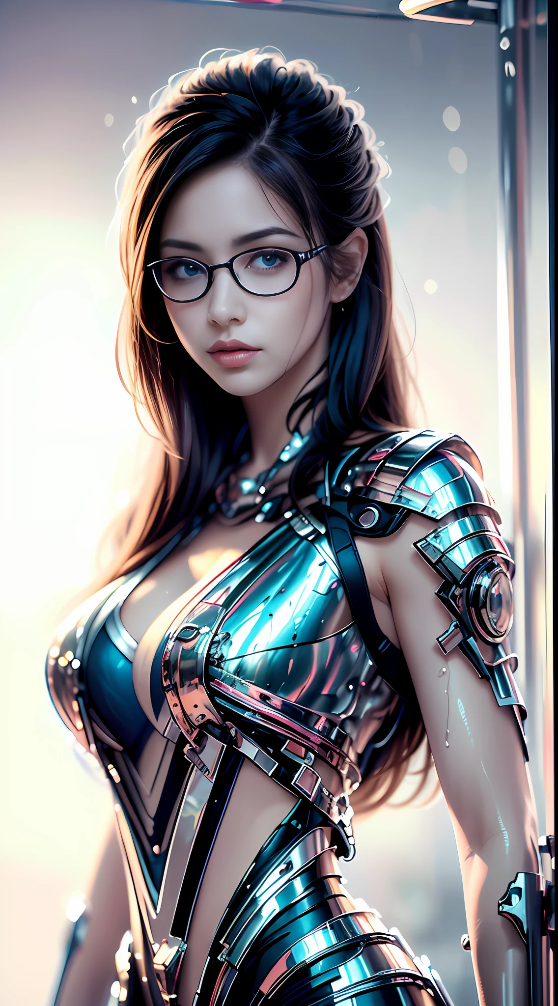 Realistic full-body portrait of a young woman, 20 years old. perfect body, realistic perfect body composition, wet body in rain, waterfall scene. realistic beautiful blue eyes, cool face, fair skin, good looking, tattoo art, sexy sexy liquid acrylic outfit, glasses, warm dreamy light, volumetric light, adventure style pulp, dynamic gradients, vivid colors, illustration, highly detailed vector curves, simple, smooth and clean, vector art, smooth, vibrant colors, artwork, character design kiss, wet gouache. High image quality, meticulous detail, perfect realistic work