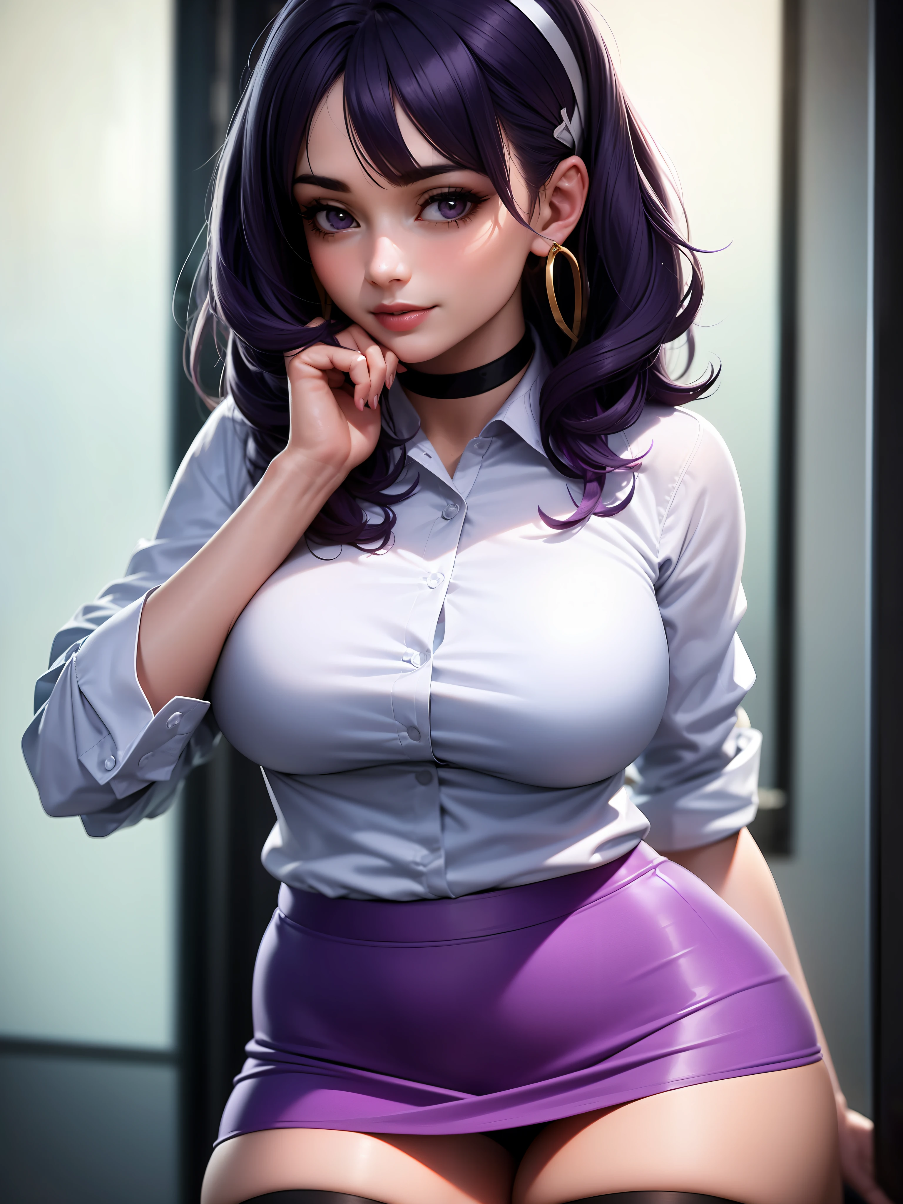 (1girl:1.4), (sfw), (clothed), (masterpiece), illustration,(realistic:1.5), (specular lighting:1.4), (hyperrealistic:1.2), (photorealistic face:1.2), (perfect face), (best quality), (8k), (4k), photorealistic, sharp focus, octane render, best quality, extremely detailed, intricate, hyper detailed, fantasy, soft lighting,(big breasts:1.4), (skindentation:1.3), (black tight skirt:1.5), (white office shirt:1.5), thick thighs, wide hips, big thighs, black legwear thigh highs, thick eyelashes, long eyelashes, hair ribbon, arm straps, choker, (dark purple hair:1.5), streaked hair, hair ribbon, hair band, smile, parted lips, multicolored eyes, gold earrings,(night:1.5), (office:1.3), window, indoors, comfy, cosy, looking at viewer, dynamic pose, detailed skin