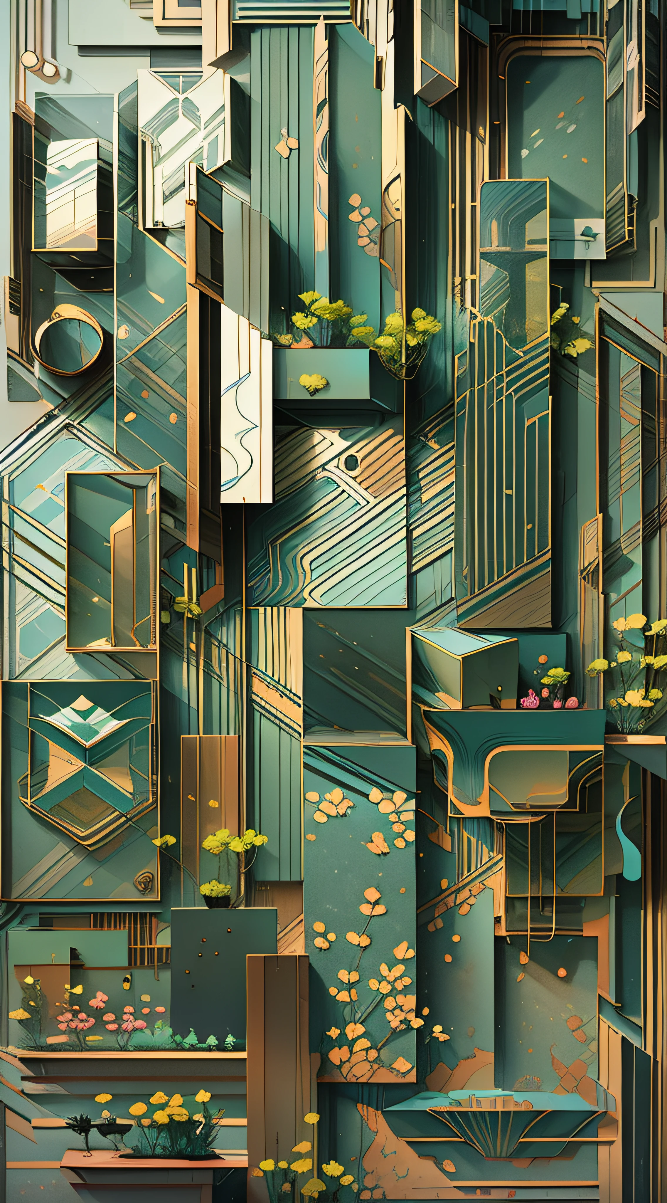 Consists of simple geometric shapes,planar,closeup cleavage,In fantastic installation style,Realistic and imaginative,hang/hang,Multi-layered collage,metals,highlight,Divergence