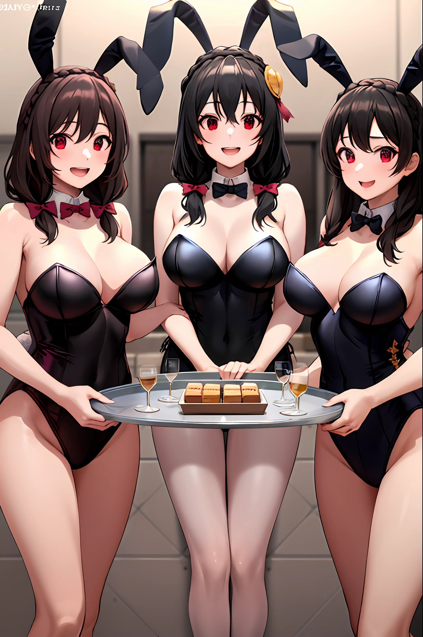 masterpiece,best quality, highres, yunyun1, 2girls, identical twins, clones, red eyes, duo, braid, long hair, large breasts, hair ornament, black hair, hair bow, crown braid, brown hair, twintails, playboy bunny, bars, holding tray, sleeveless, smile open mouth, identical playboy bunnys