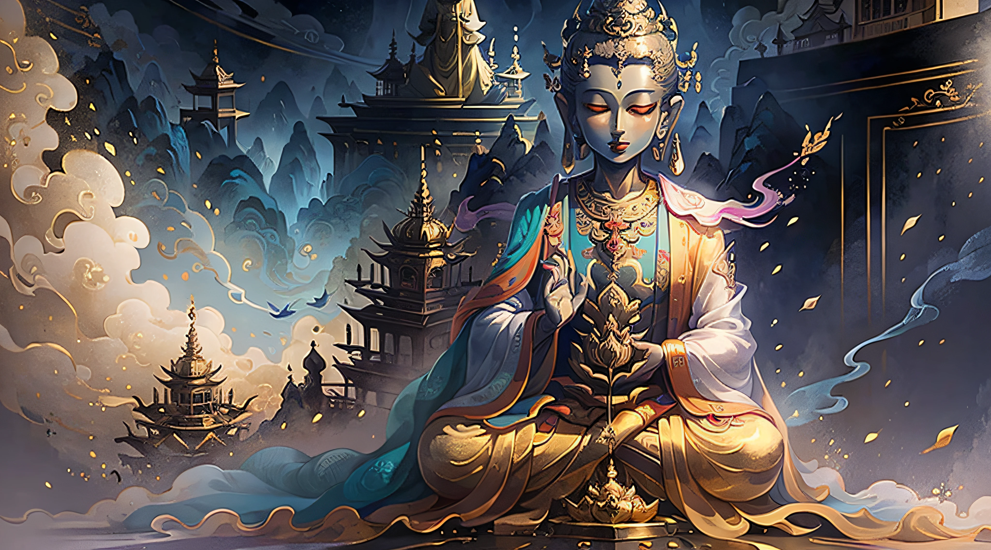 Sitting Amitabha Buddha Shouting Amitabha Buddha, (Gold: 1.2), smooth upper body, long-sleeved cassock, ray tracing, (Metal texture: 1.1), colorful clouds on background, (Best Quality: 1.0), (Ultra High Definition: 1.0), 8K, (Masterpiece: 0.2), (Half-closed eyes: 1.2)