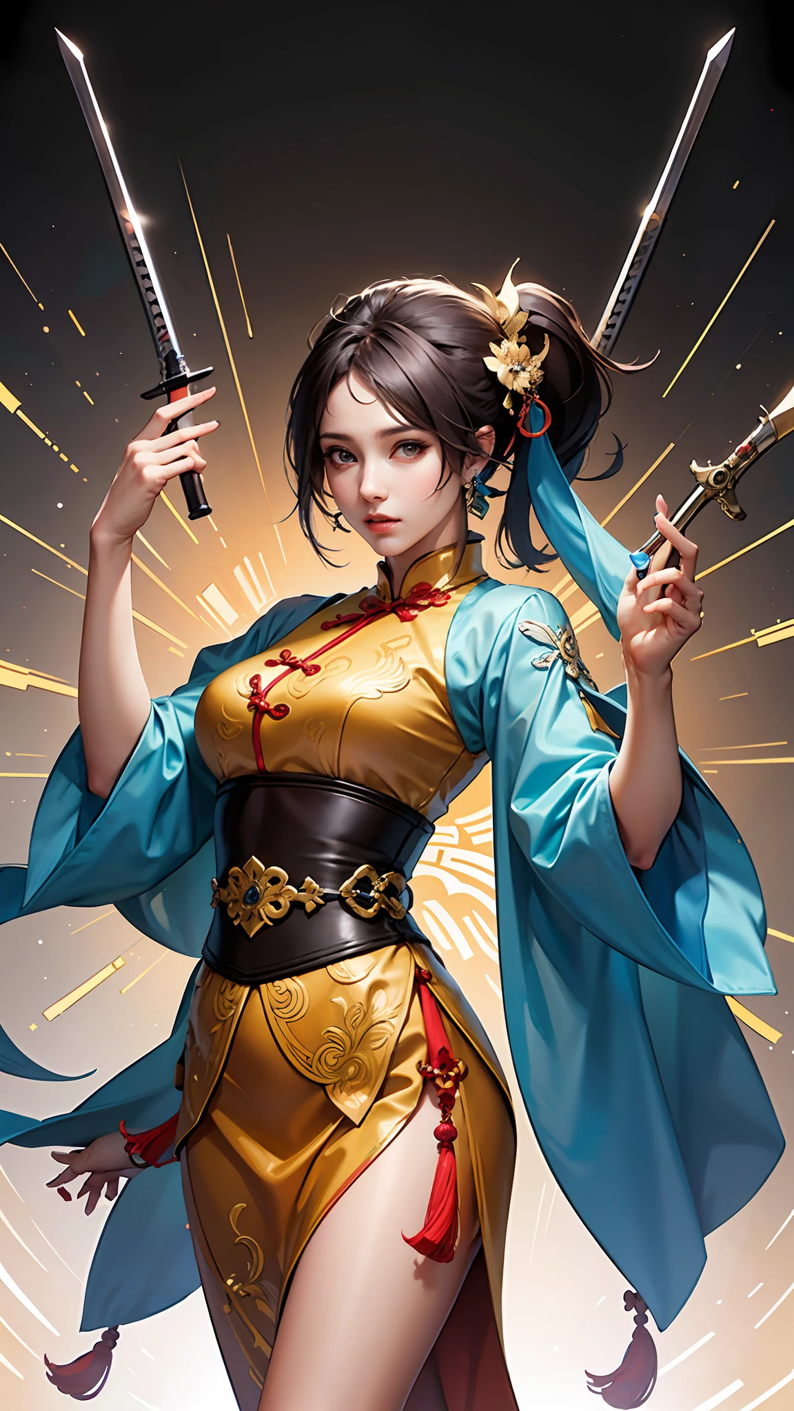 Ancient Chinese style，Set of game settings，Uma personagem feminina，Contains character standing，facial closeups，frame，UI interface，weapons and equipment，Scene background，九宫格multiple poss and expressions --auto