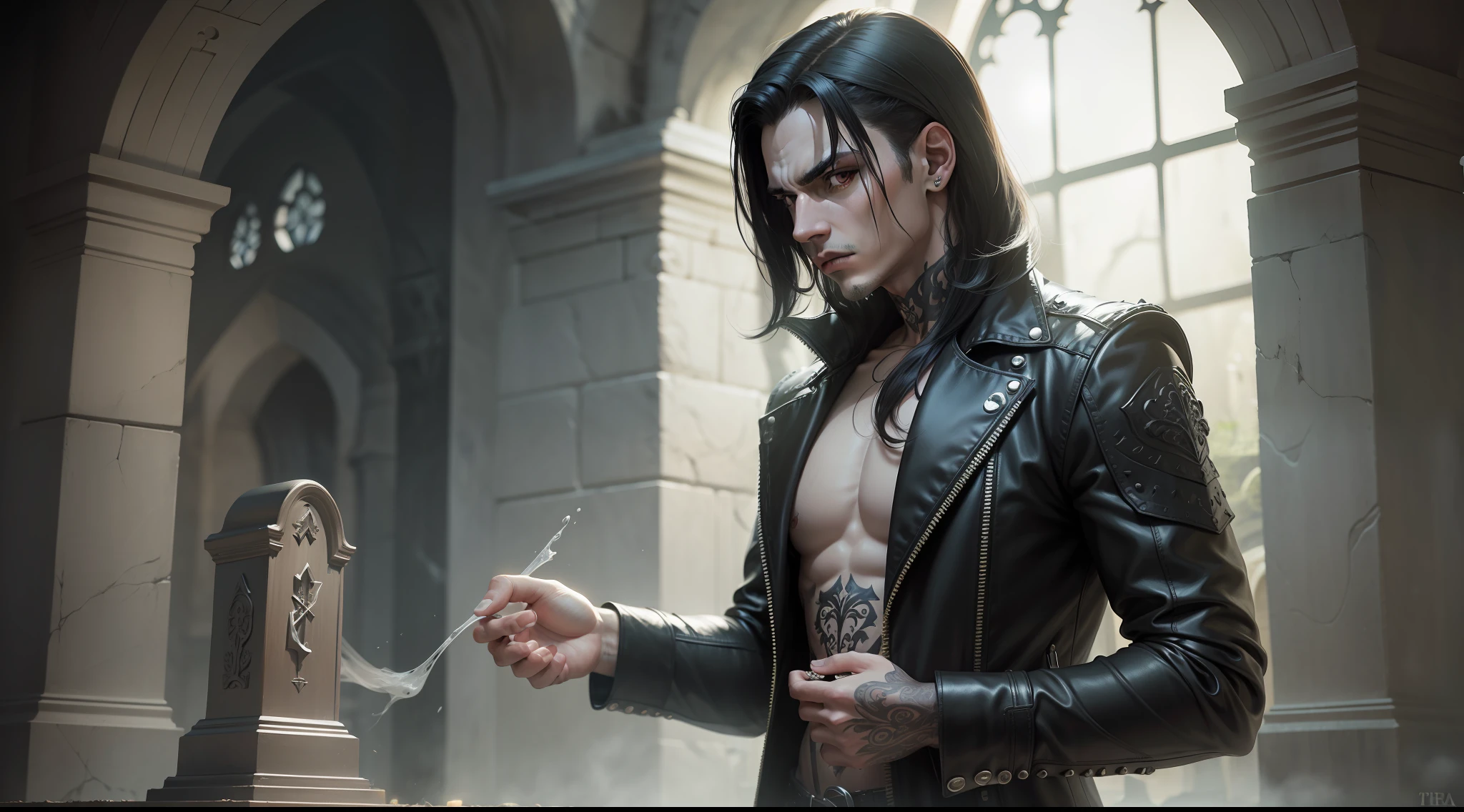 Obra de arte, (obra prima), fantastical realism, vampiro levantando da tumba, leather clothing pale white face black hair, olhar maligno, graveyard, covas.