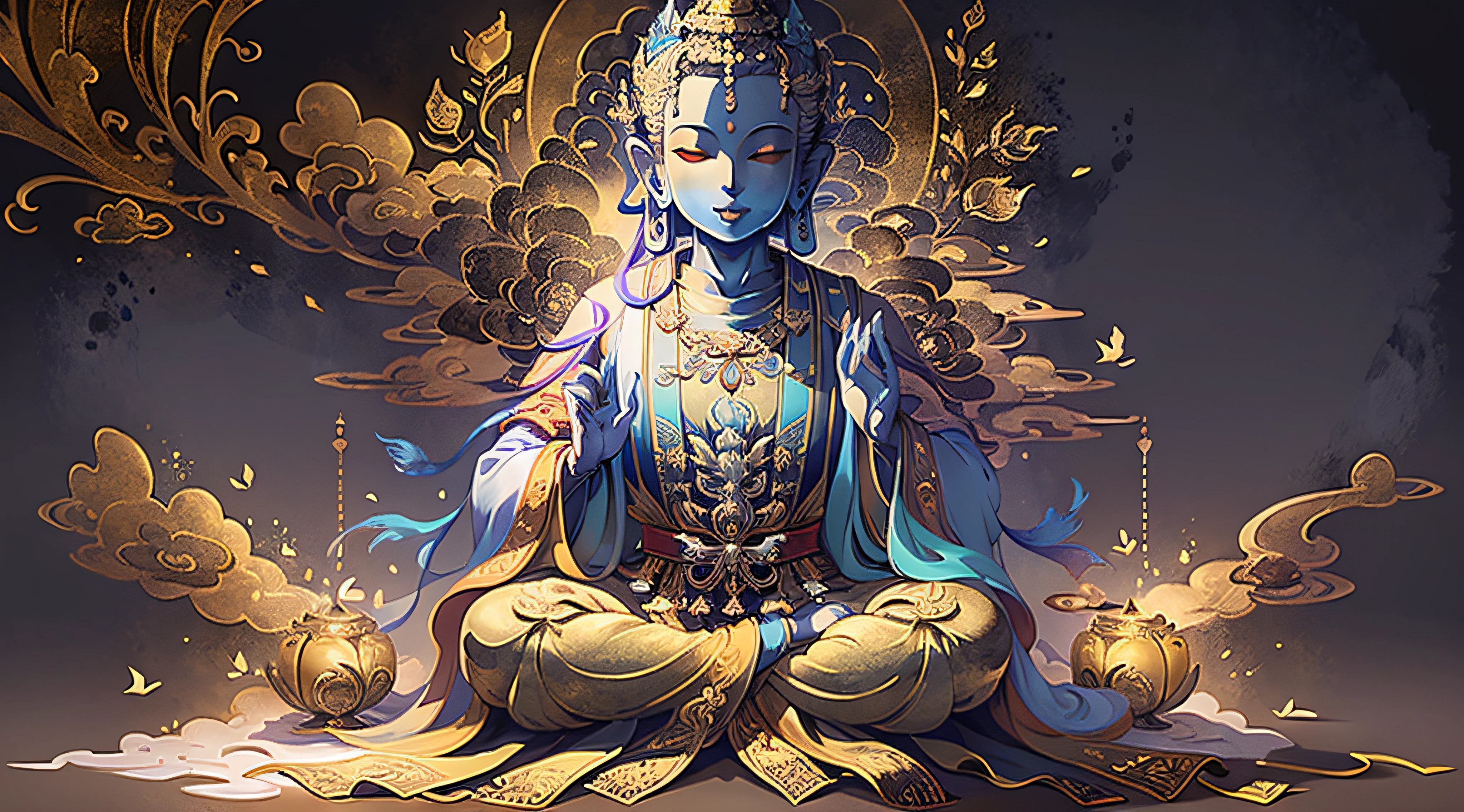 Sitting Amitabha Buddha Shouting Amitabha Buddha, (Gold: 1.2), smooth upper body, long-sleeved cassock, ray tracing, (Metal texture: 1.1), colorful clouds on background, (Best Quality: 1.0), (Ultra High Definition: 1.0), 8K, (Masterpiece: 0.2), (Half-closed eyes: 1.2)