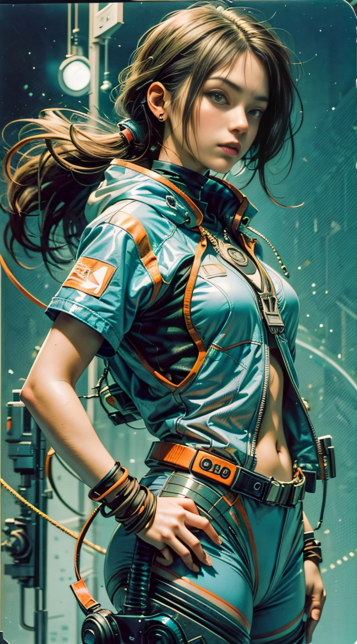 1monk warrior girl with blue orange techwear clothing, Long Brunette Hair, shoelace, Vintage Scifi Background Abstract, Art by Moebius, Art by Ashley Wood