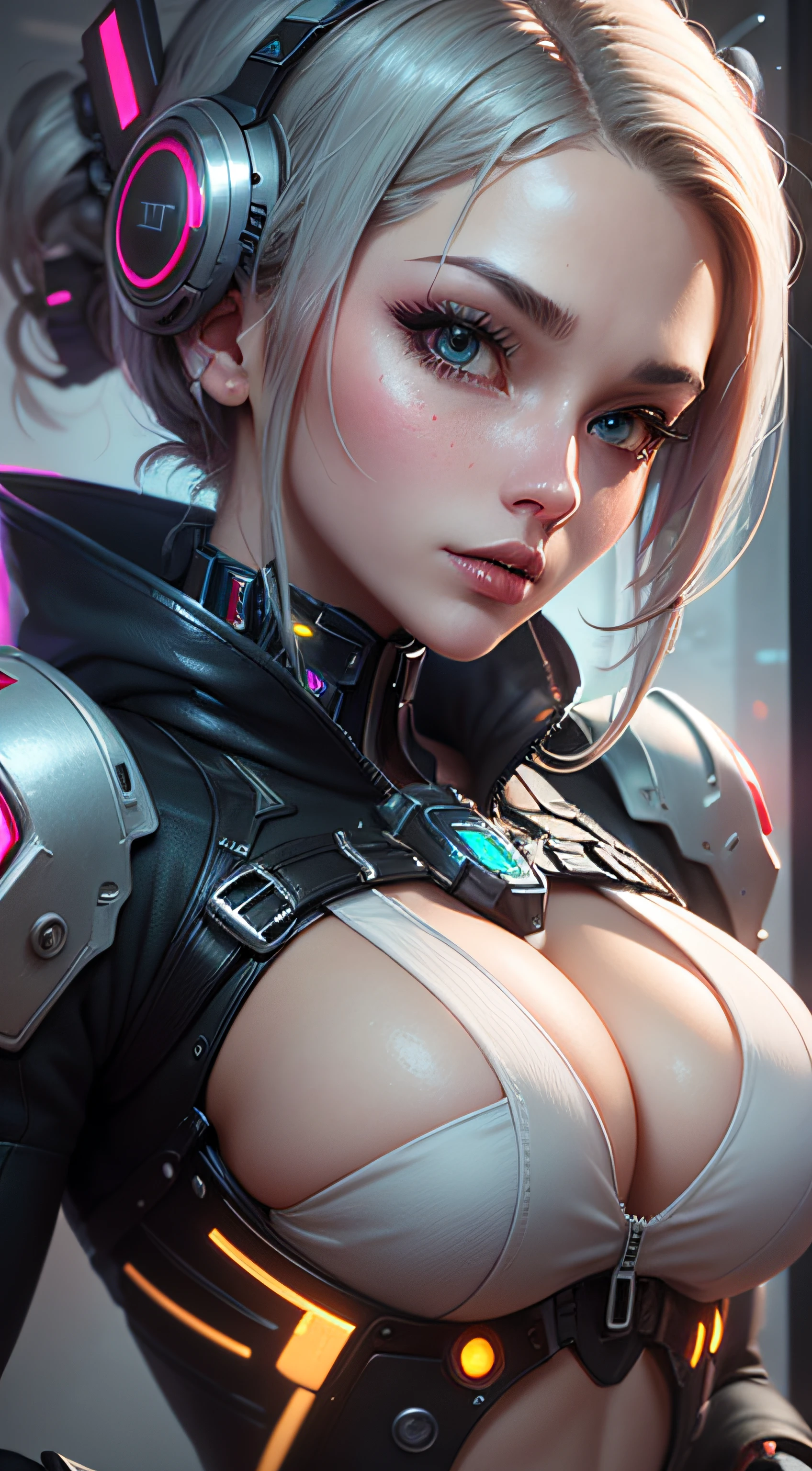 Highest image quality,Outstanding details,超高分辨率,(Fidelity:1.4),The best illustration,Favor the details,closeup cleavage,A mech girl,He has a delicate and beautiful face,((Red and white semi-mechanical body:1.8)),Raised sexy,frontage,cyber punk perssonage,Futuristic,mechanically aesthetic,Complex machinery,The background is a high-tech lighting scene in the future city,Virtual Engine 5,Perfect detail rendering,rendering by octane,hyper HD