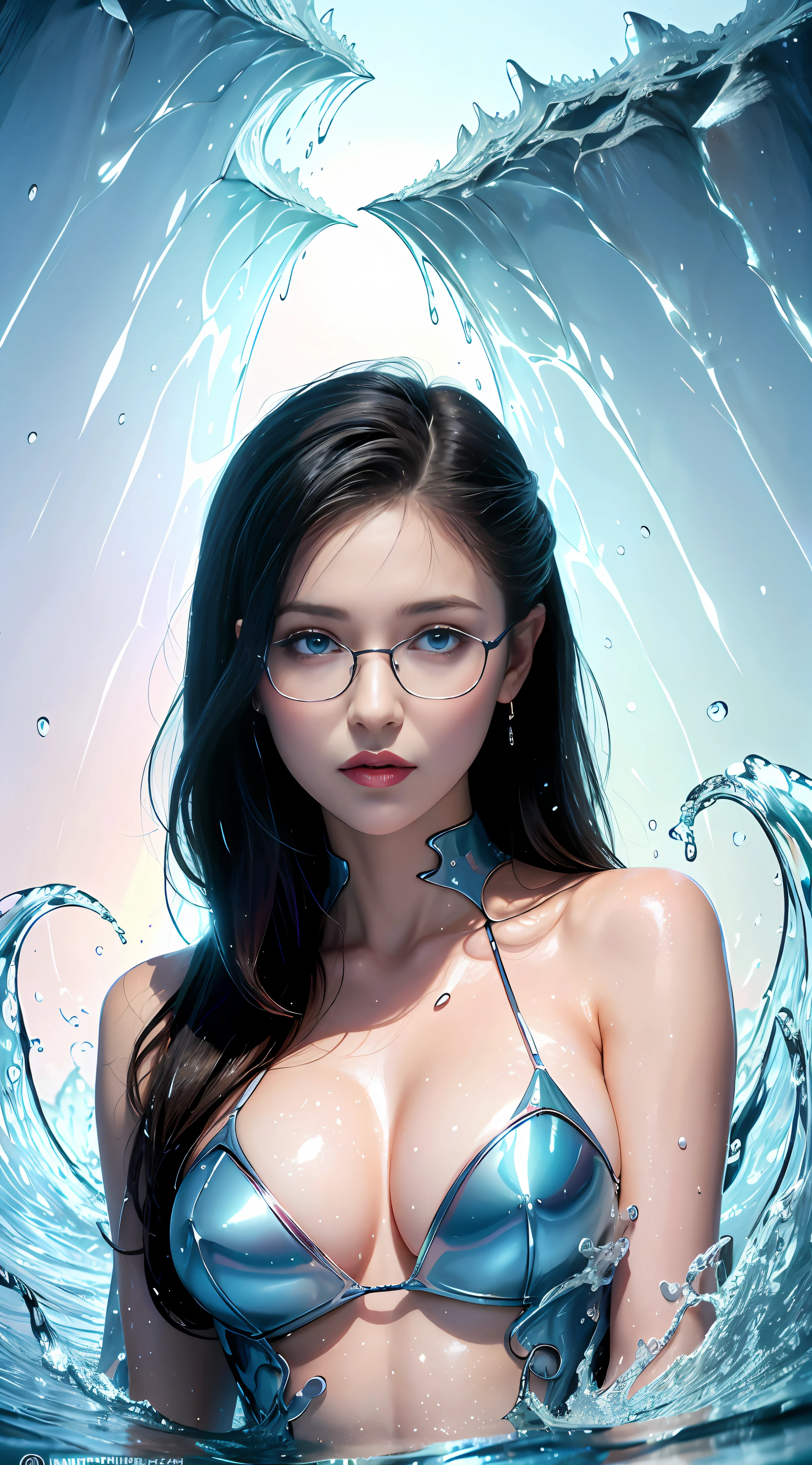 Realistic full-body portrait of a young woman, 20 years old. perfect body, realistic perfect body composition, wet body in rain, waterfall scene. realistic beautiful blue eyes, cool face, fair skin, good looking, tattoo art, sexy sexy liquid acrylic outfit, glasses, warm dreamy light, volumetric light, adventure style pulp, dynamic gradients, vivid colors, illustration, highly detailed vector curves, simple, smooth and clean, vector art, smooth, vibrant colors, artwork, character design kiss, wet gouache. High image quality, meticulous detail, perfect realistic work