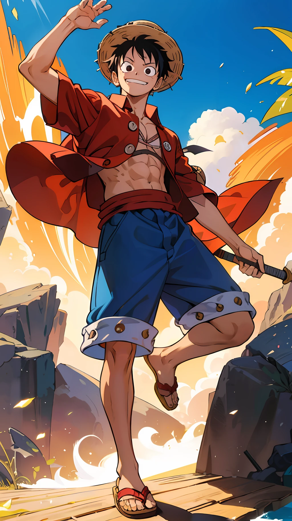 (master part), best quality, ultra-detalhado, extremamente detalhado CG unidade 8k papel de parede, best illustration, um extremamente delicado e bonito, Dynamic angle, dynamic pose,(1 pessoa),(Macaco D. Luffy:1.2),straw hat,camisa vermelha, blue shorts, cicatriz na testa, sandals,smiling expression, efeitos do vento, Standing position, Homem, jovem, , garotO, 1st grade, standing on her feet, Stand Position, retrato, extremamente detalhado, warm ilumination, rosto extremamente detalhado, olho extremamente detalhado, boca extremamente detalhada, corpo extremamente detalhado, cabelo extremamente detalhado, extremely detailed straw hat