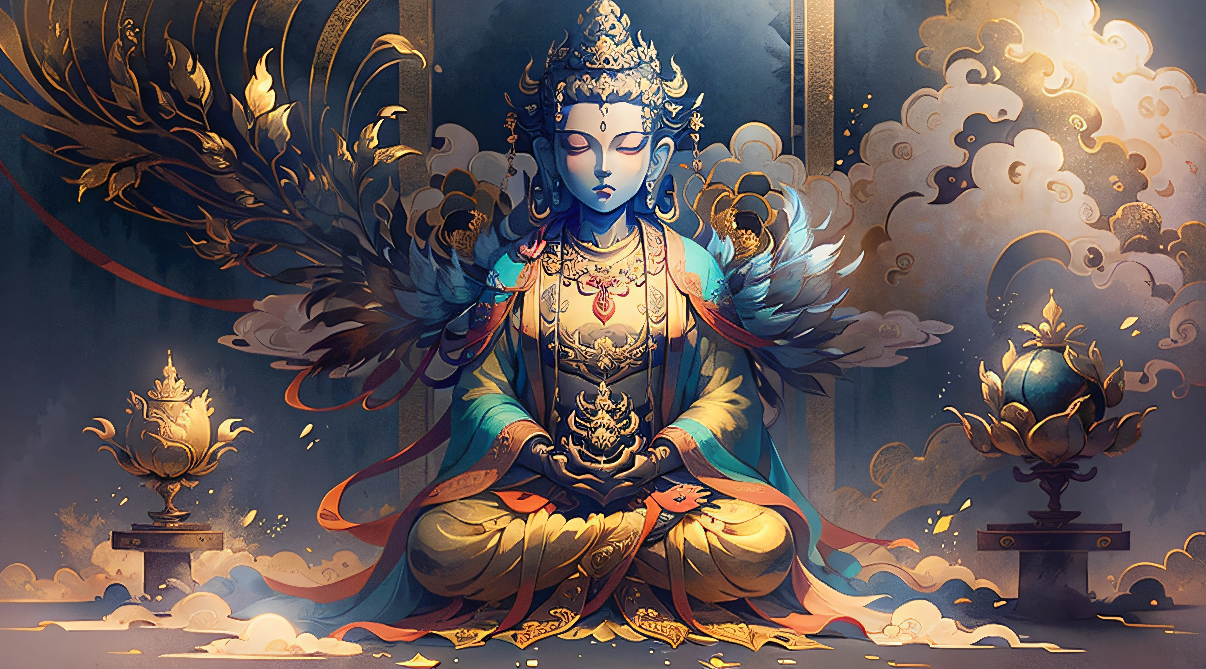 Sitting Amitabha Buddha Shouting Amitabha Buddha, (Gold: 1.2), smooth upper body, long-sleeved cassock, ray tracing, (Metal texture: 1.1), colorful clouds on background, (Best Quality: 1.0), (Ultra High Definition: 1.0), 8K, (Masterpiece: 0.2), (Half-closed eyes: 1.2)