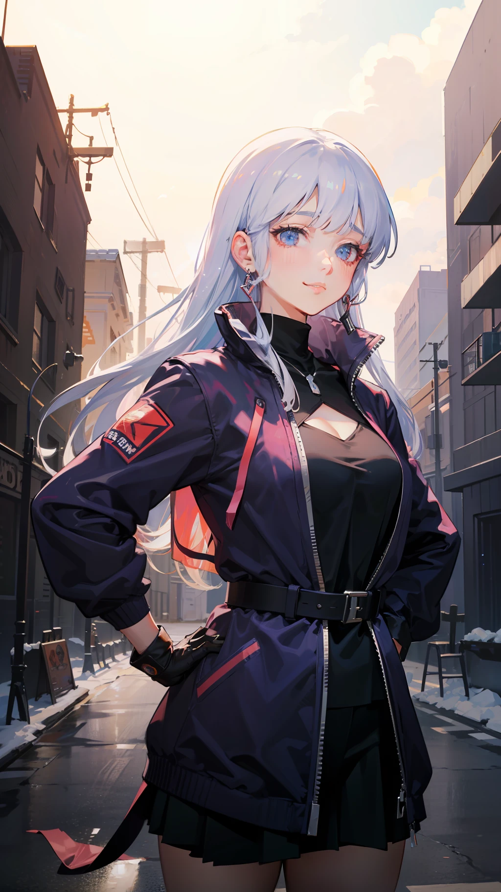 (((masterpiece))), 4k res, highly detailed, (((extremely detailed eyes))), detailed background, cinematic lighting, crystal clear eyes, high quality, highres, ultra-detailed, 8k, best quality, 1girl, solo, shadow, backlighting, light particles, Thick Eyelashes, Wide Sleeve, thick thighs, (masterpiece:1.3), (the best quality:1.2), (super fine illustrations:1.2), (Masterpiece), high quality, high detail,(SOLO:1.4),((round image)),[(cyberpunk:1):5], cyberpunk, whole body, 1girl, kamisato ayaka, smile, blush, closed mouth, cryokinesis, black gloves, thick, arms behind back, hands on hips, hands on own chest,