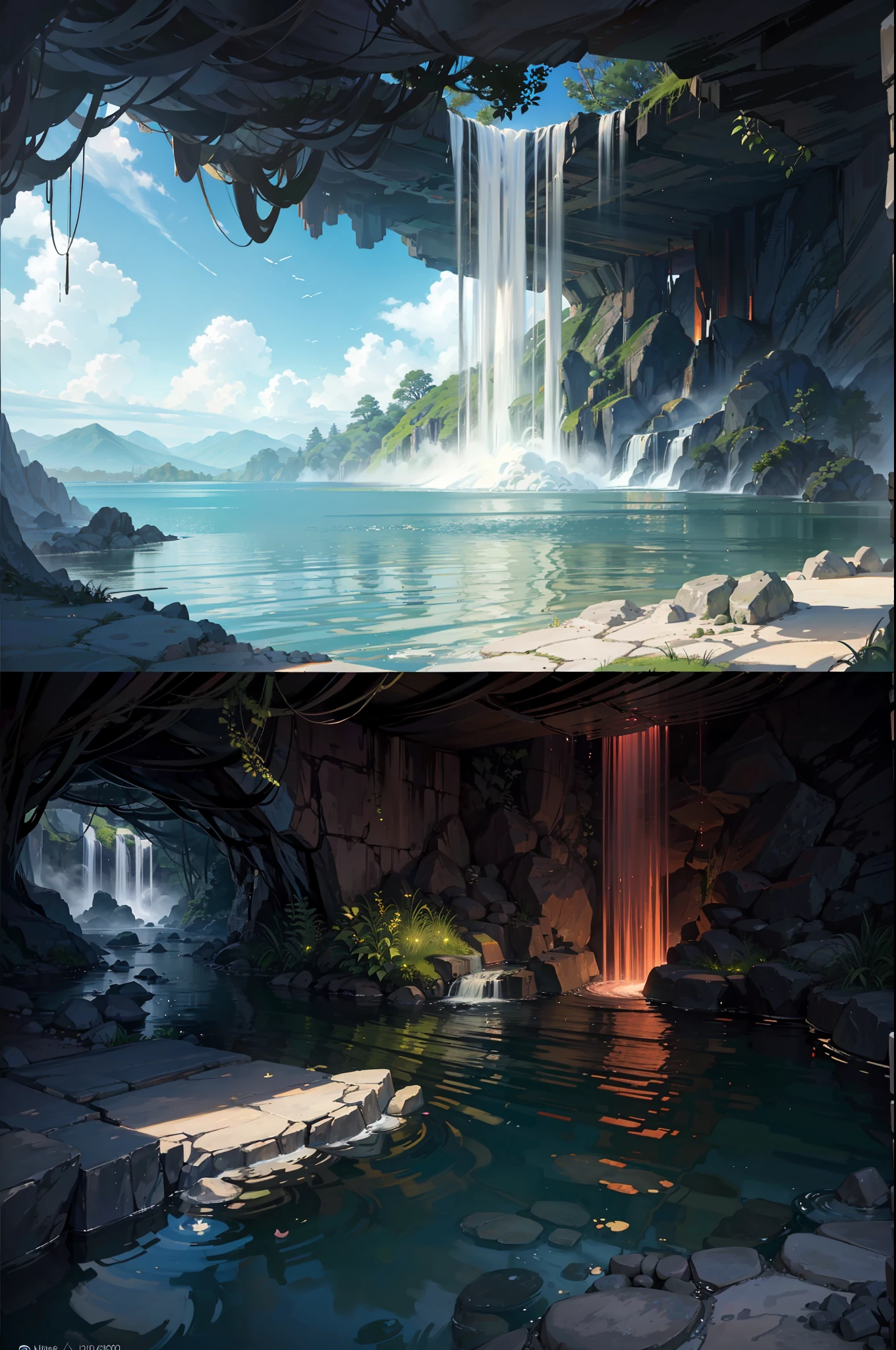 Hot springs, water vapor, waterfalls, ancient Chinese times, Spring, Jungle, Lake, cave, a tree, Meadow, (illustartion: 1.0), epic composition, Realistic lighting, HD Details, Masterpiece, Best Quality, (very detailed CG unified 8k wallpaper)