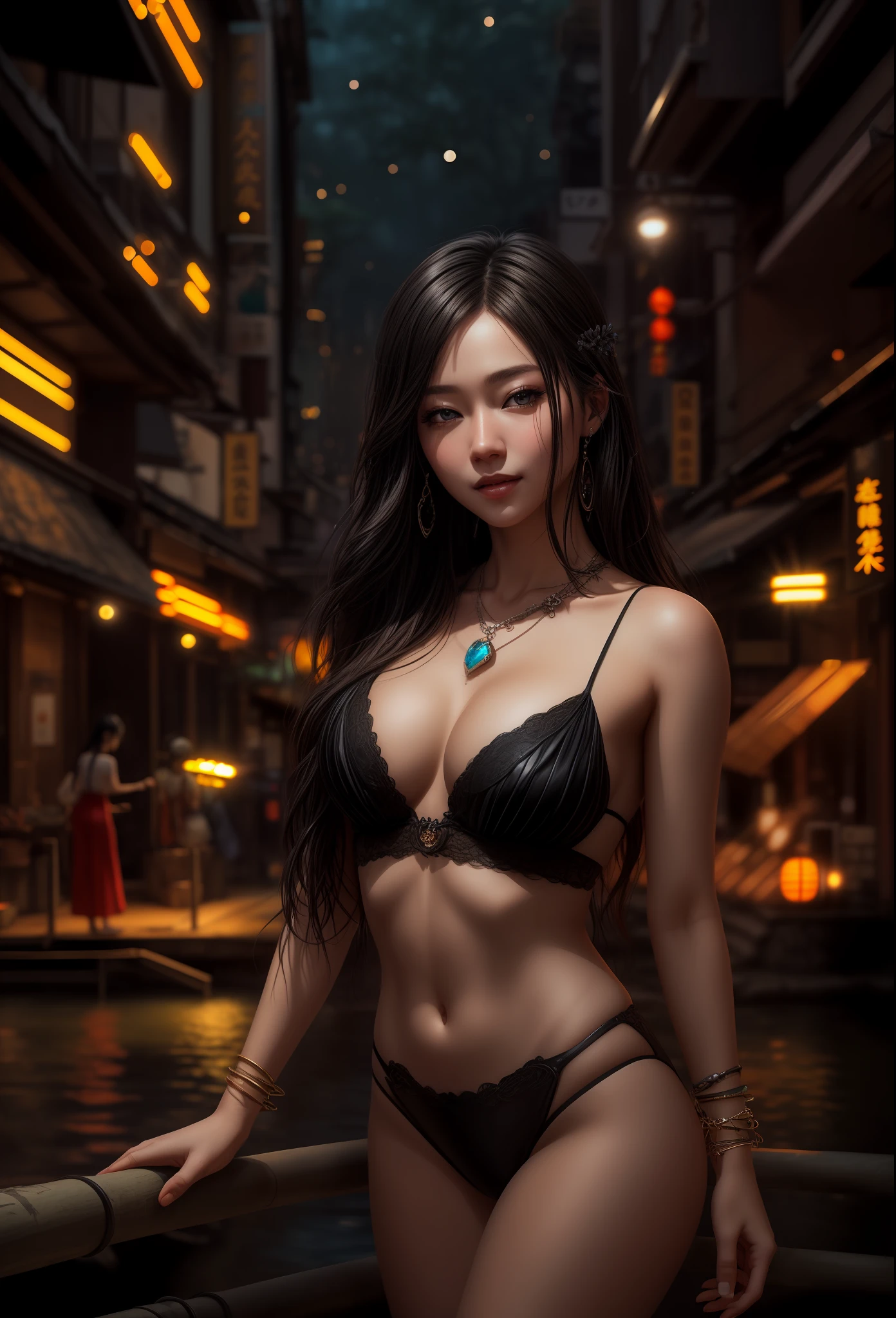 night,(night:1.8),(city lights:1.9),(black theme,),in summer,onsen,(nature:1.9),1girl,full body,black hair,very long hair,grin,sexy,unaligned breasts, dynamic angle,dynamic pose,outdoors,chinese style architecture,High color saturation,Color saturation,(jewelry:1.4),putting on jewelry,
ray tracing,cinematic lighting,(raw photo:1.2), (photorealistic:1.4), absurdres, incredibly absurdres, huge filesize , ultra-detailed, highres, extremely detailed,best quality ,masterpiece, illustration, an extremely delicate and beautiful, extremely detailed ,CG ,unity ,8k wallpaper, Amazing, finely detail, masterpiece,best quality, pureerosface_v1,ulzzang-6500-v1.1,