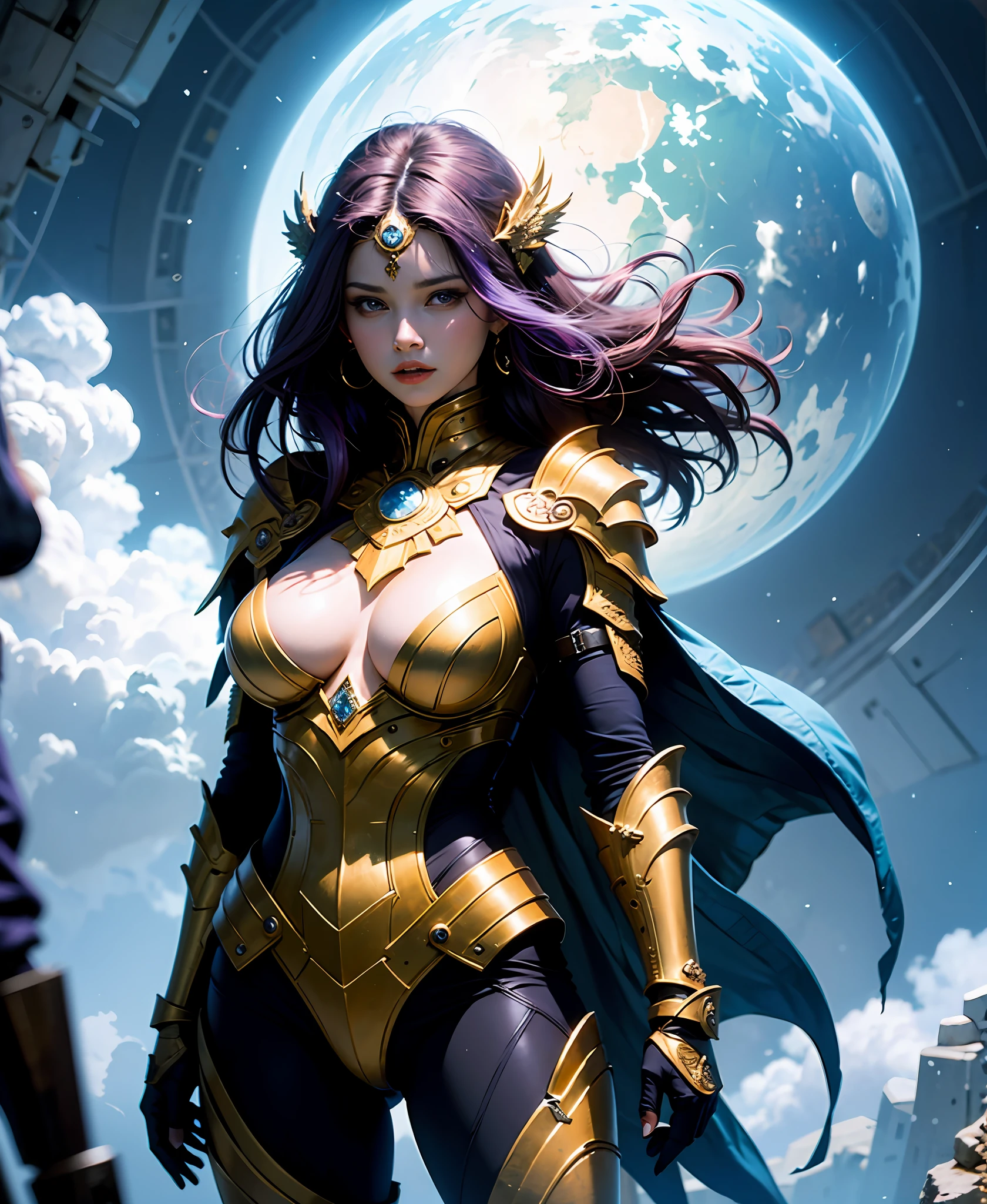 offcial art，统一 8k 壁纸，ultra - detailed，Beauty and aesthetics，high high quality，big breasts beautiful，tmasterpiece，Best quality at best，Purple hair big breasts，The woman slowly descended from the void。
The woman's appearance is absolutely beautiful。
The body is covered with purple-gold armor，It looks so heroic，majestic-looking。
It is as if the goddess of war has come out of ancient times。