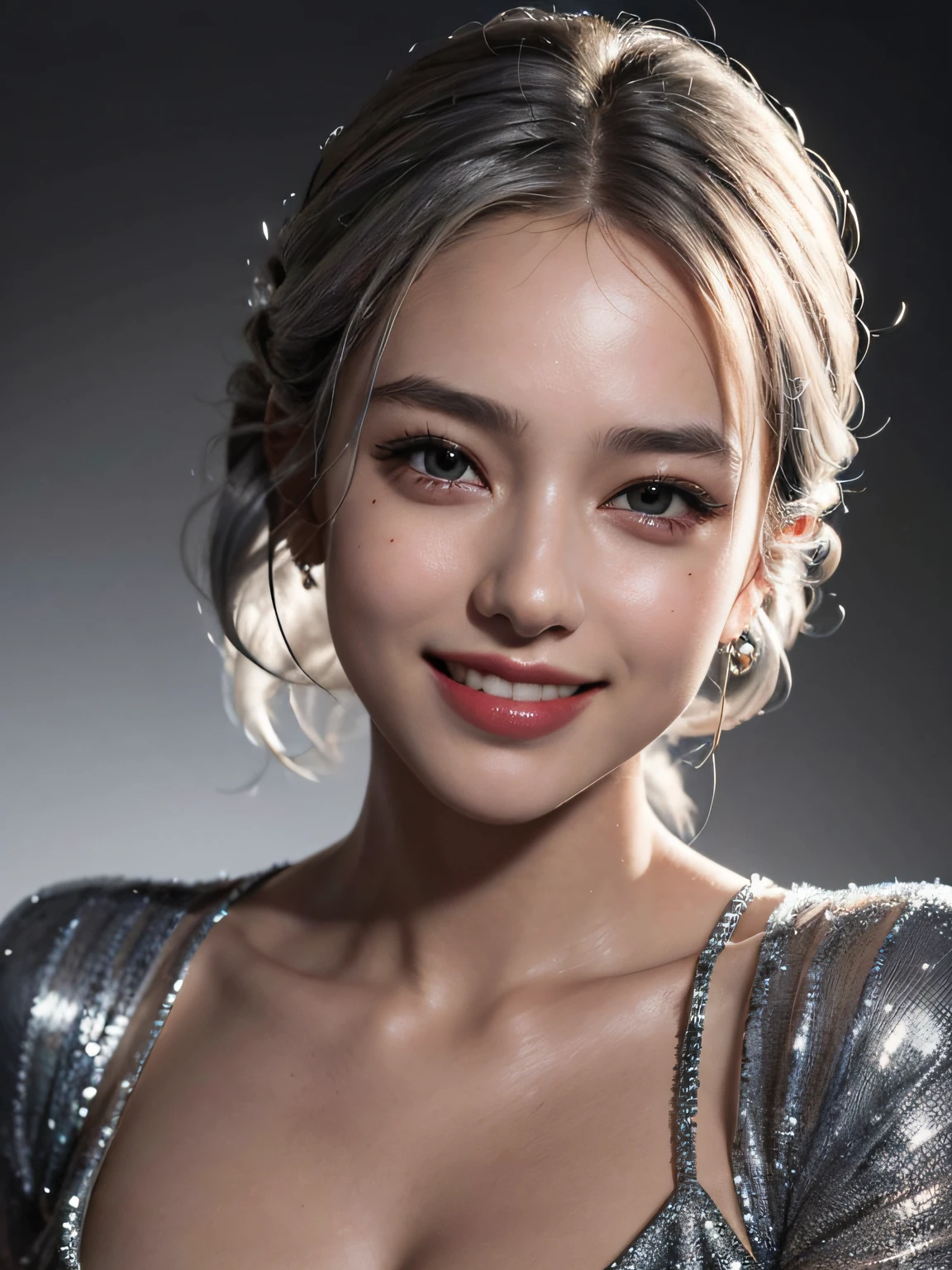 Best quality, masterpiece, ultra high res, (photorealistic:1.4), raw photo, 1girl, silver hair, Formal Updo,shiny skin, dramatic lighting,(smile:1.2)