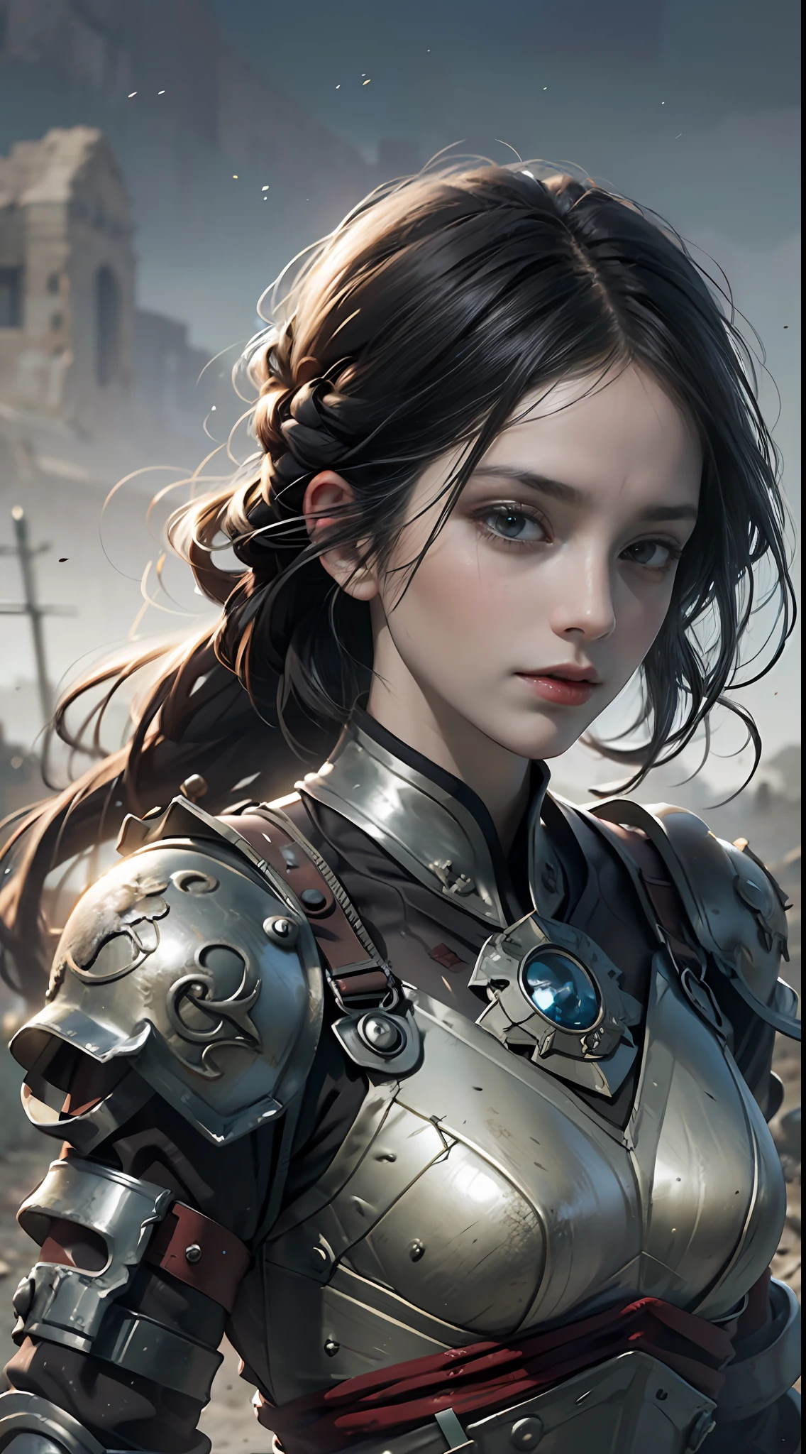 8k wallpaper,ultra - detailed,rich details,ultraclear,8K,,Best quality at best,best qualtiy,mistic,1 female warrior,Black armor,Ancient Chinese general armor,(((Sword in hand))),facing to audience,(((A withered battlefield,废墟,run-down,Wasteland,barren,A desert))),Sadness outside,battlefiled,ancient battle field,,((the night,Dimly lit,Dark 1.3)),Bust composition