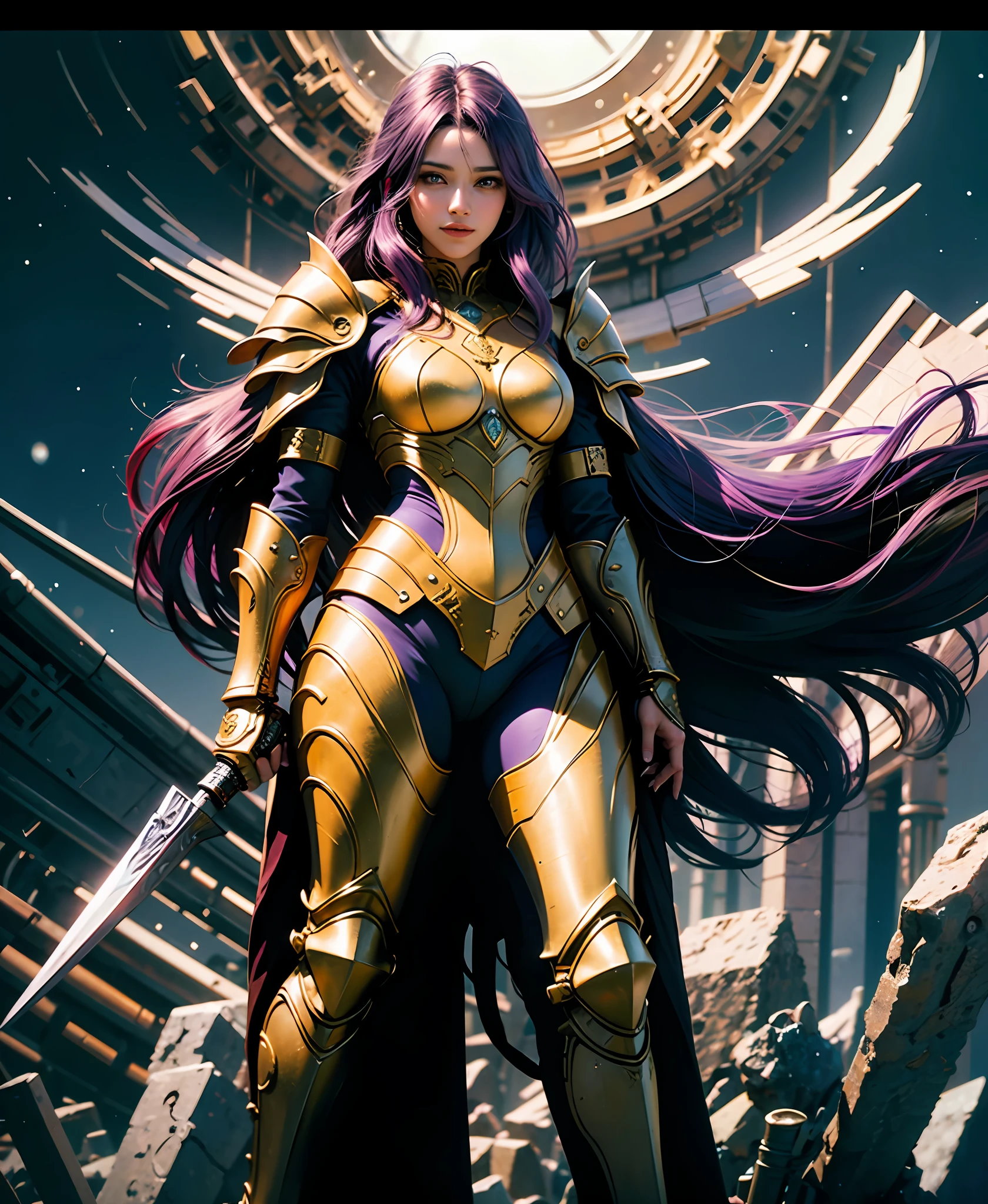 (Official Art Unity 8k Wallpaper Ultra detailed High quality Beautiful purple hair Smiling woman descending from the void Absolutely beautiful appearance Purple-gold armor Heroic and sassy，The majesty of the goddess of war comes from ancient times)