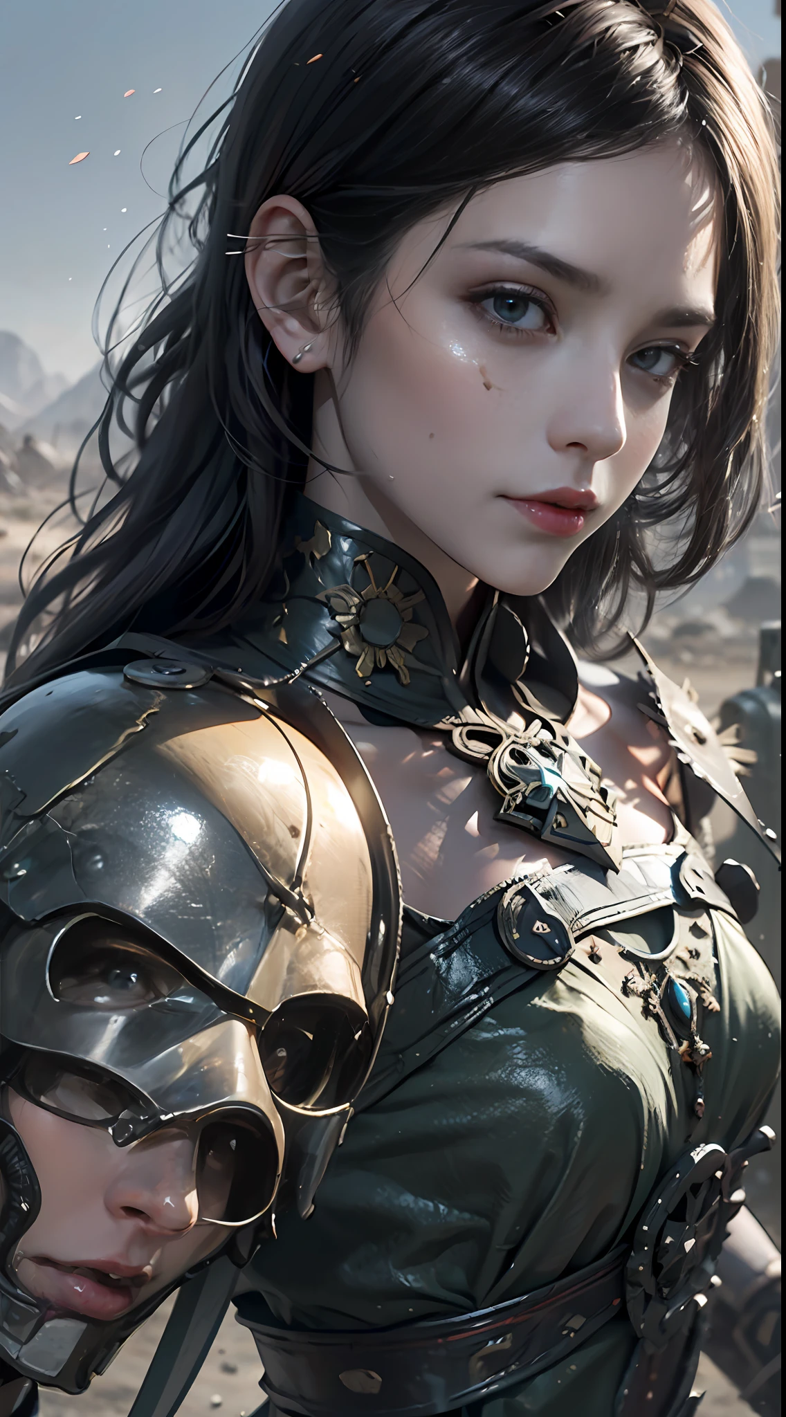 8k wallpaper,ultra - detailed,rich details,ultraclear,8K,,Best quality at best,best qualtiy,mistic,1 female warrior,Black armor,Ancient Chinese general armor,(((Sword in hand))),facing to audience,(((A withered battlefield,废墟,run-down,Wasteland,barren,A desert))),Sadness outside,battlefiled,ancient battle field,,((the night,Dimly lit,Dark 1.3)),Bust composition