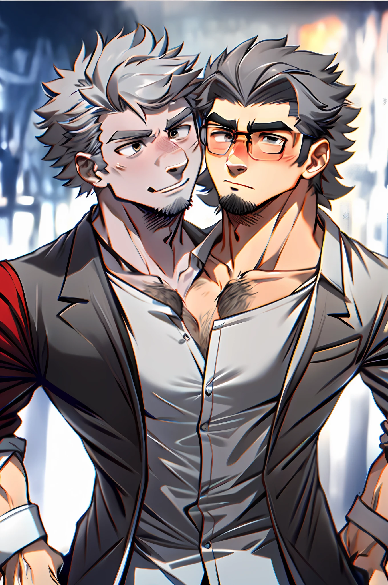 25-year old male, white shirt, hirsute, ash-grey hair, two heads, two different heads.