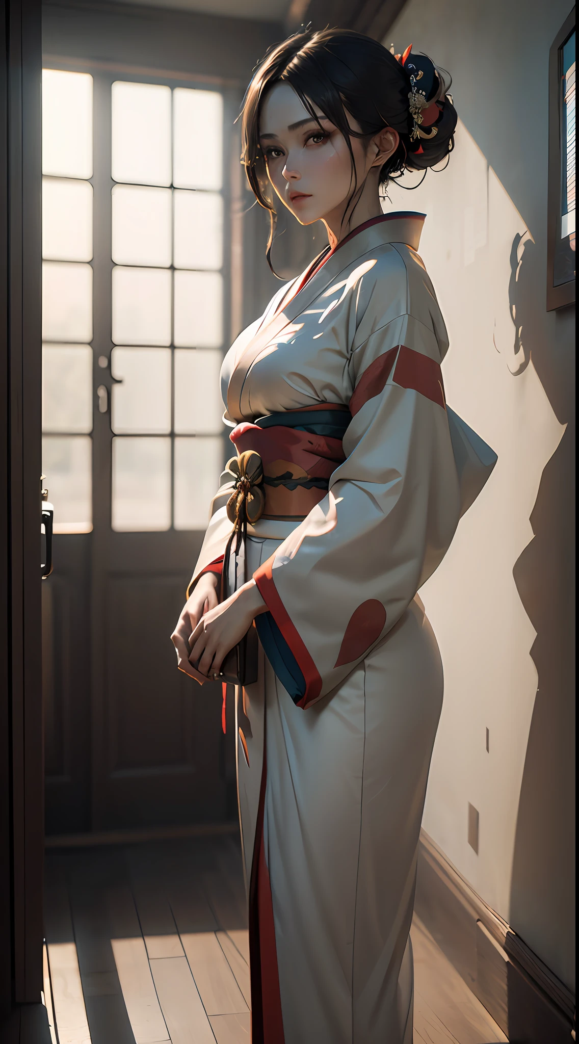 ((top-quality)), ((masterpiece)), (detaileds:1.4), 3D, Image of a woman in a beautiful kimono,nffsw(HighDynamicRange),Ray traching,NVIDIA RTX,Hyper-Resolution,Unreal 5,Sub-surface scattering,PBR Texturing,Postprocess,Anisotropy Filtering,depth of fields,Maximum clarity and sharpness,multi-layer texture,Albedo and specular maps,Surface Shading,Accurate simulation of light-material interactions,perfectly proportions,Octane Rendering,Two-tone lighting,Wide aperture,Low ISO、White Balance、thirds rule、8K Raw、