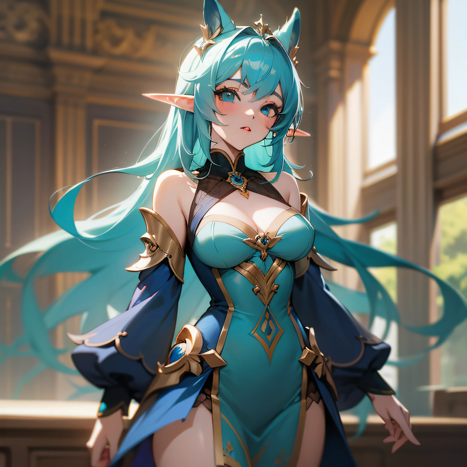 anime - style image of a woman with blue hair and a blue dress, extremely detailed artgerm, trending on artstation pixiv, artgerm on artstation pixiv, 8k high quality detailed art, anime goddess, ! dream artgerm, genshin, 2. 5 d cgi anime fantasy artwork, anime fantasy artwork, (((standing))),((elf ears)), ((long hair))