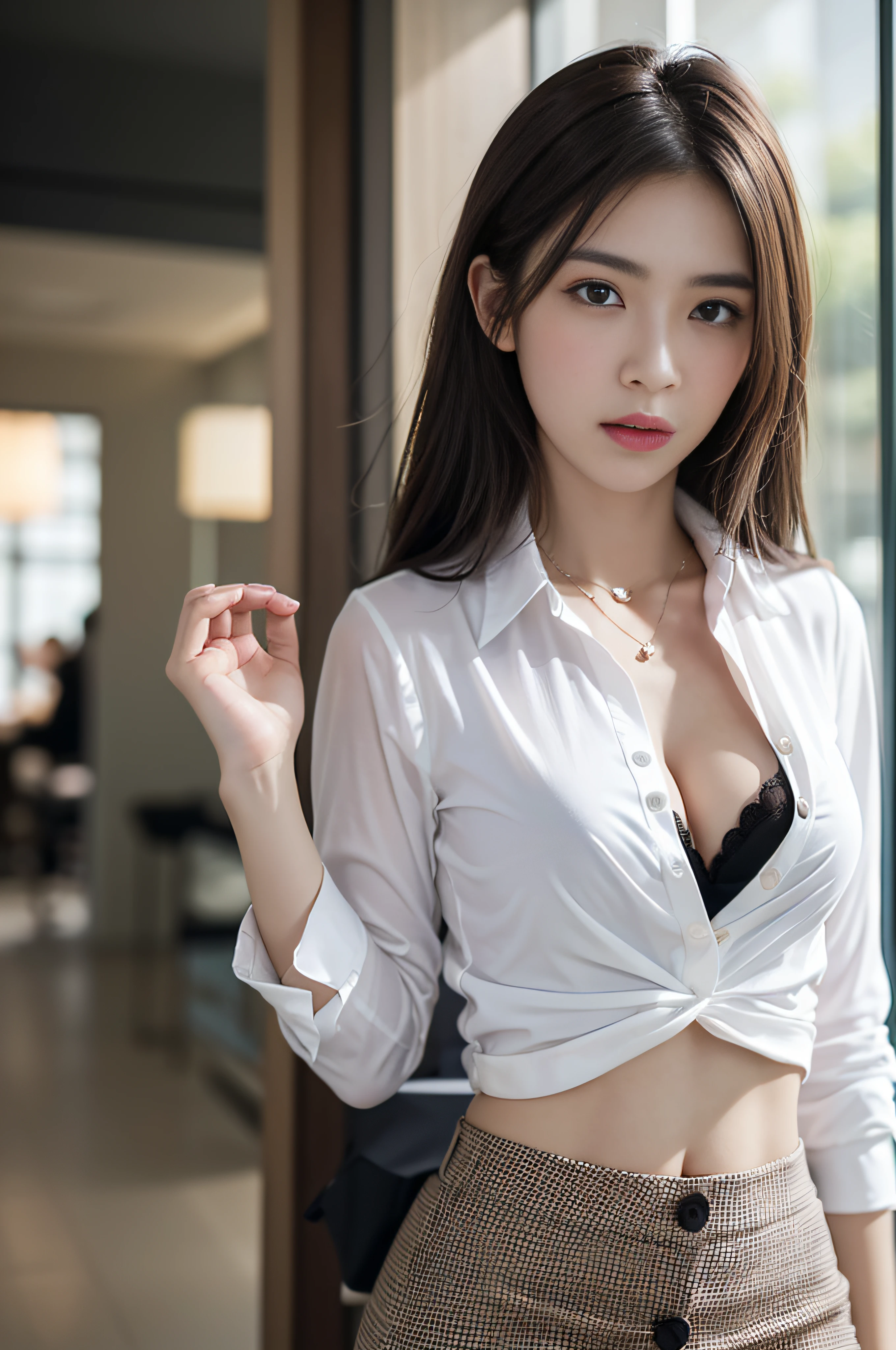 ((Realistic lighting、top-quality、8K、​masterpiece:1.3))、Clear focus:1.2、girl with、perfectbodybeauty:1.4、Slim abs:1.1、((dark brown hair、Big:1.3))、(Acceleration:1.4)、Street、tall:1.3、(Slender face、Narrow-eyes:1.2)、BREAK、二重まぶた、Swaying hair、Exposed cleavage、((White button-up long shirt:1.1)、Black Office Suit Jacket、a miniskirt)、no-bra、a necklace、Navel Ejection、skinny thigh、Expression of melancholy、Looking at the camera、