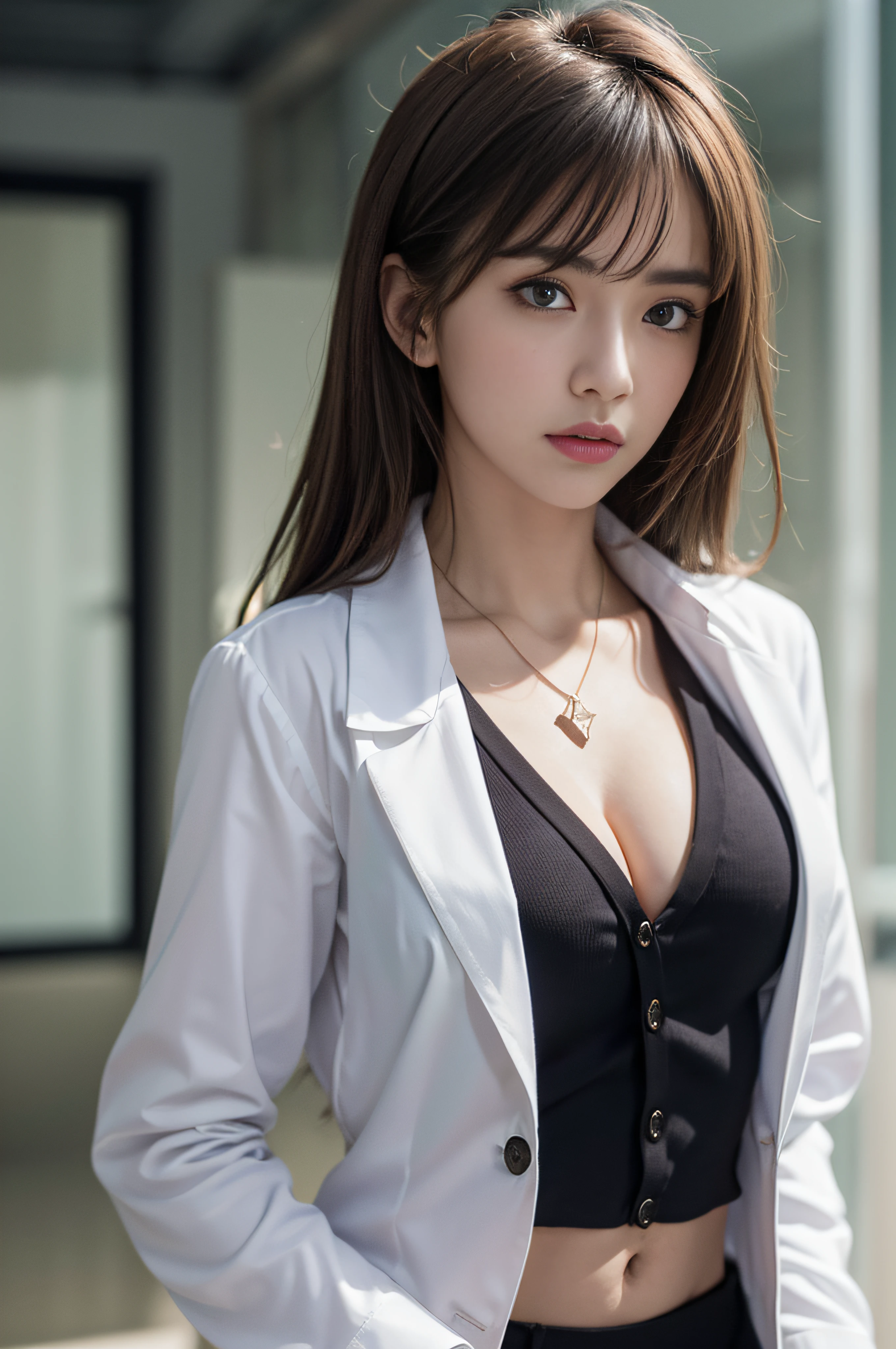 ((Realistic lighting、top-quality、8K、​masterpiece:1.3))、Clear focus:1.2、girl with、perfectbodybeauty:1.4、Slim abs:1.1、((dark brown hair、Big:1.3))、(Acceleration:1.4)、Street、tall:1.3、(Slender face、Narrow-eyes:1.2)、BREAK、二重まぶた、Swaying hair、Exposed cleavage、((White button-up long shirt:1.1)、Black Office Suit Jacket、a miniskirt)、no-bra、a necklace、Navel Ejection、skinny thigh、Expression of melancholy、Looking at the camera、
