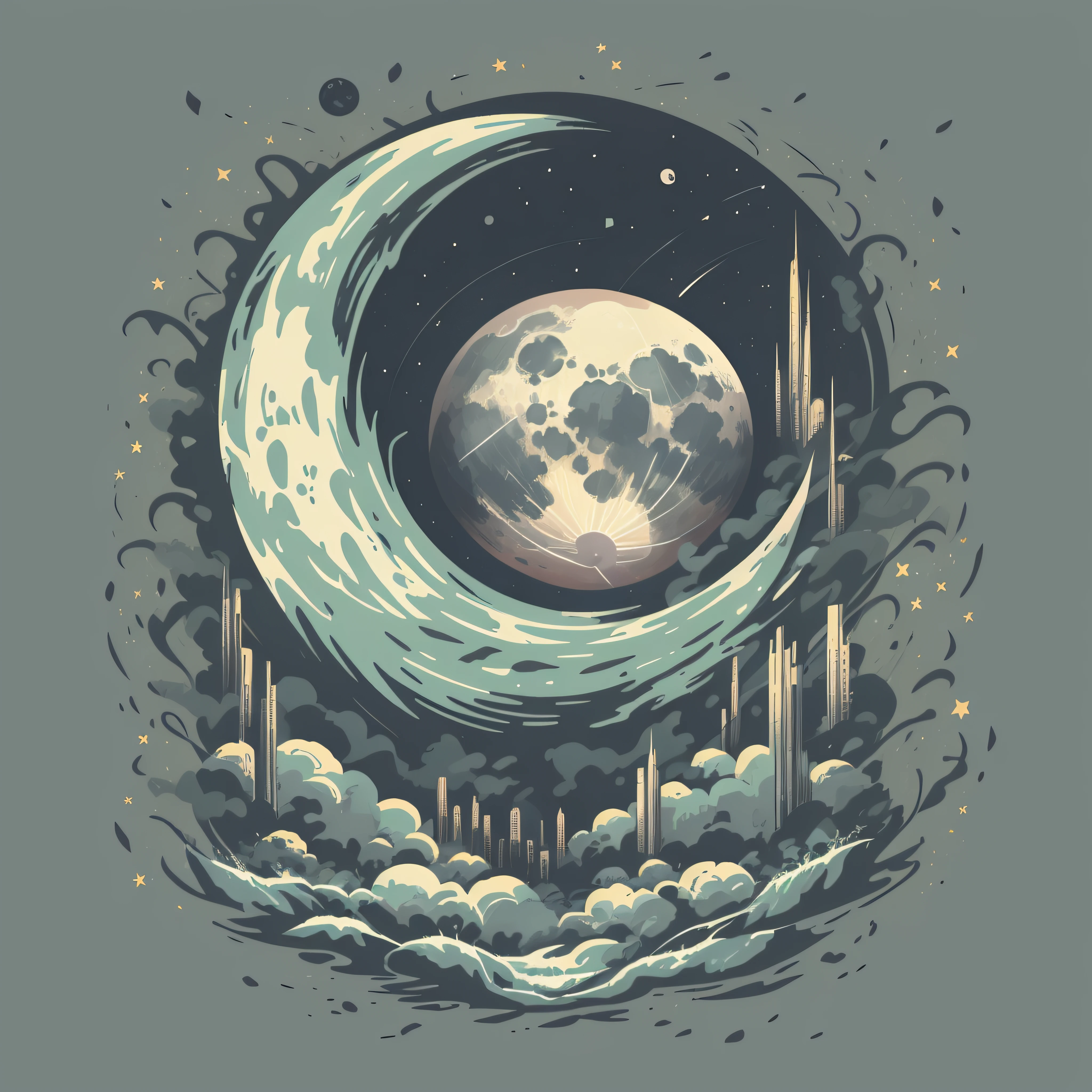 graphic for t-shirt design, clean logo, vector image, moon