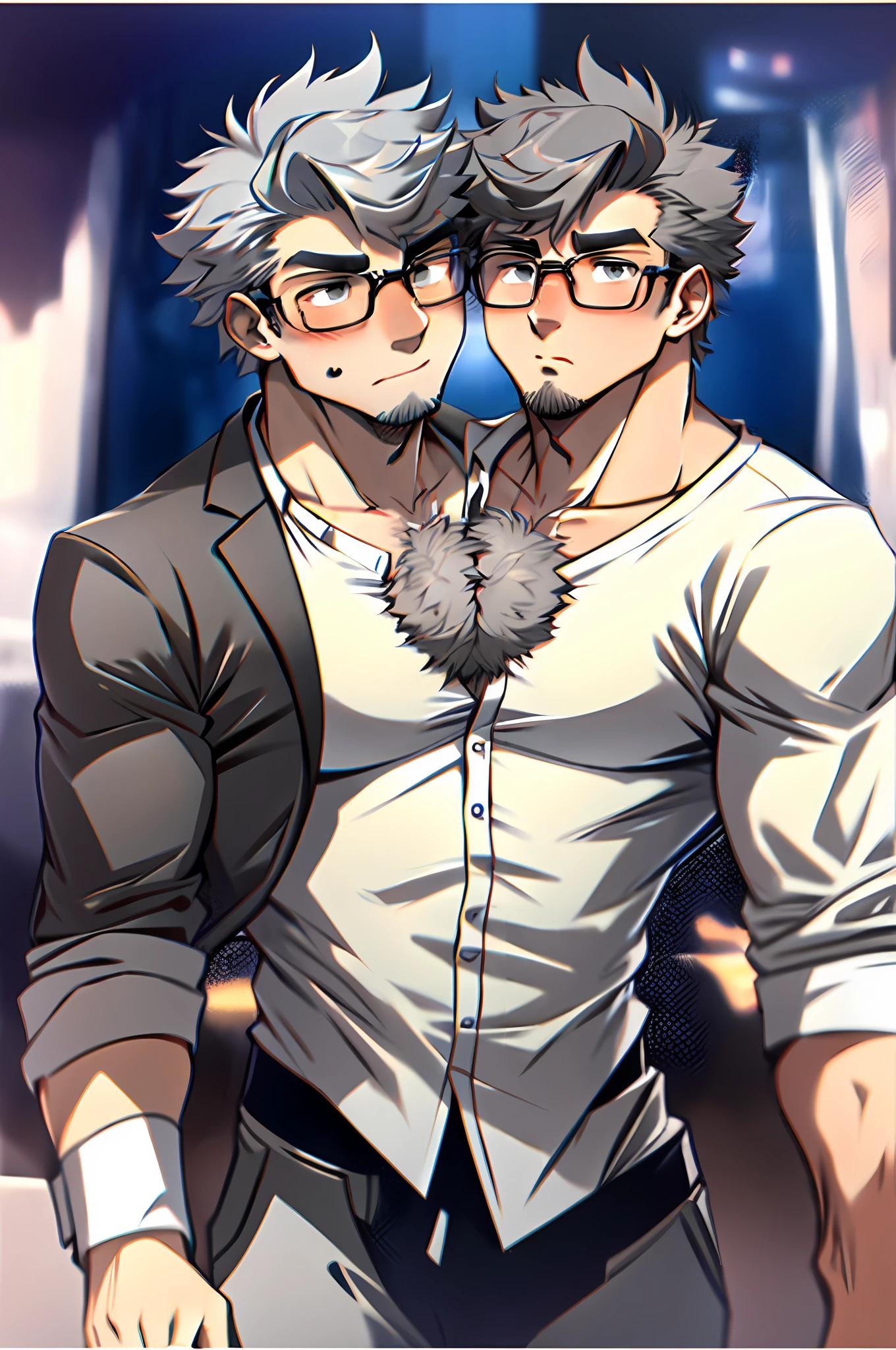 25-year old male, white shirt, hirsute, ash-grey hair, two heads, two different heads.